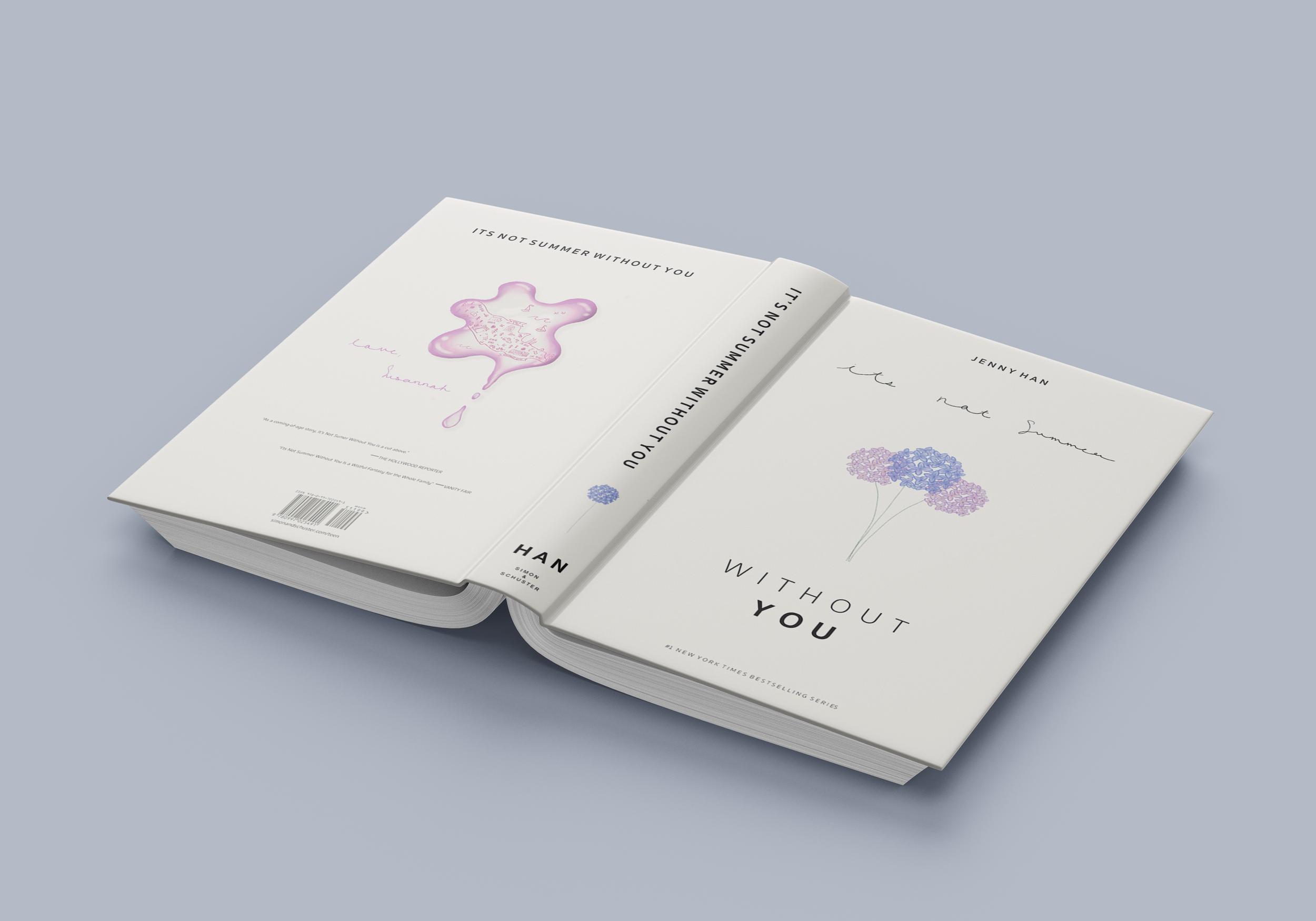 Open book with white cover and pastel-colored illustrations of flowers, featuring the titles 'Without You' and 'I'll Not Summon Summer' by Jenny Han, placed on a light gray surface.