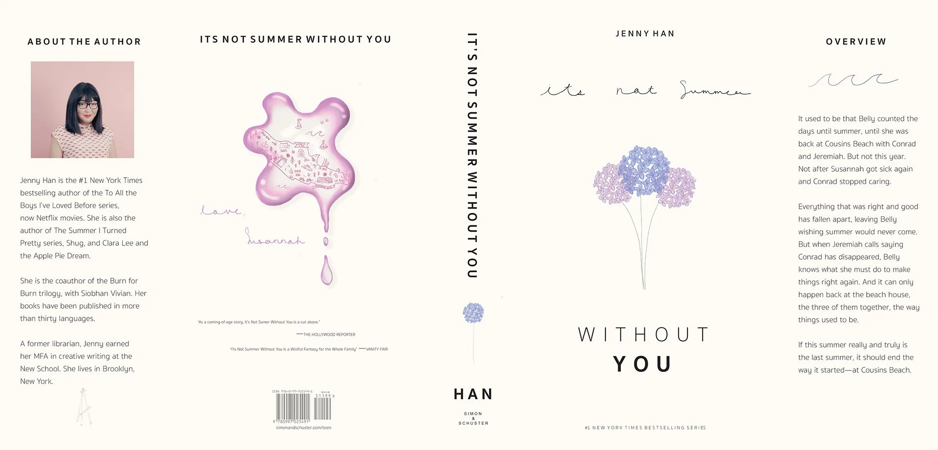 Front cover, spine, and back cover of the book "It's Not Summer Without You" by Jenny Han. The front cover features a line drawing of purple flowers and text, with a summary on the back cover, including a portrait photo of Jenny Han on the back left.