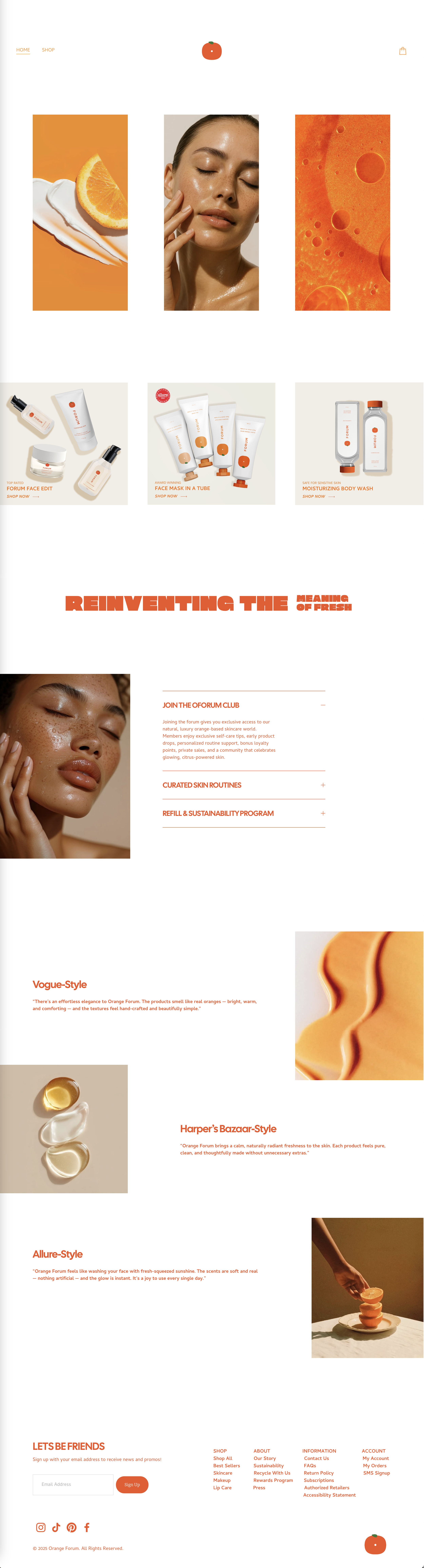 A skincare product website featuring a woman with glowing skin, orange-themed cosmetics, and splash images of orange juice and oil. The site highlights products like face masks, body wash, and skincare routines, with sections on skin routines and product styles.