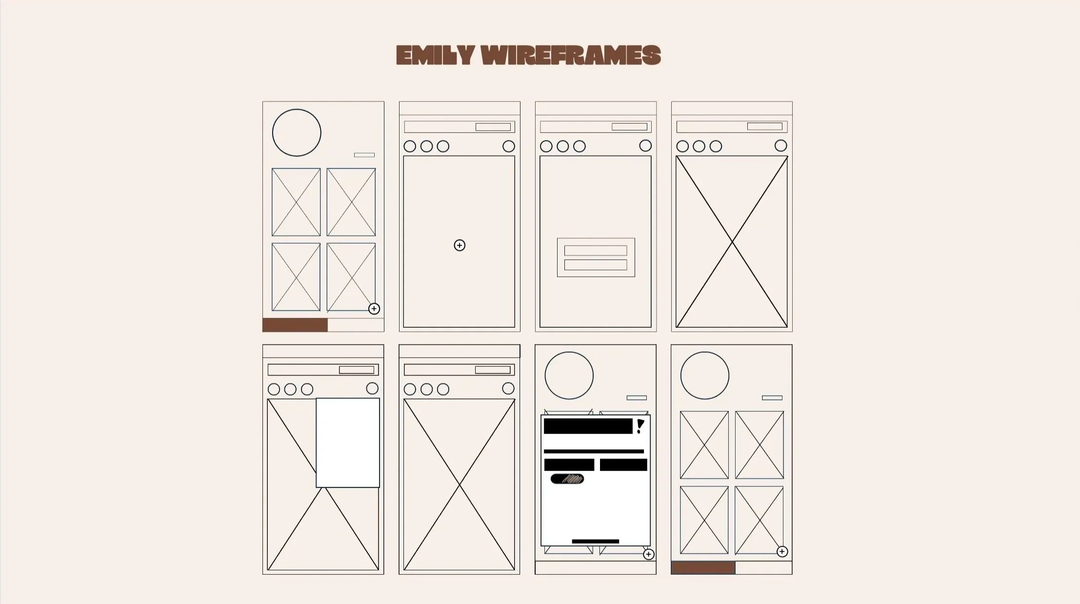 Wireframe sketches of various mobile app screens, arranged in a grid. The sketches include layouts with circles, rectangles, and lines, representing different interface elements. The top of the image has the title 'Emily Wireframes' in bold brown text.