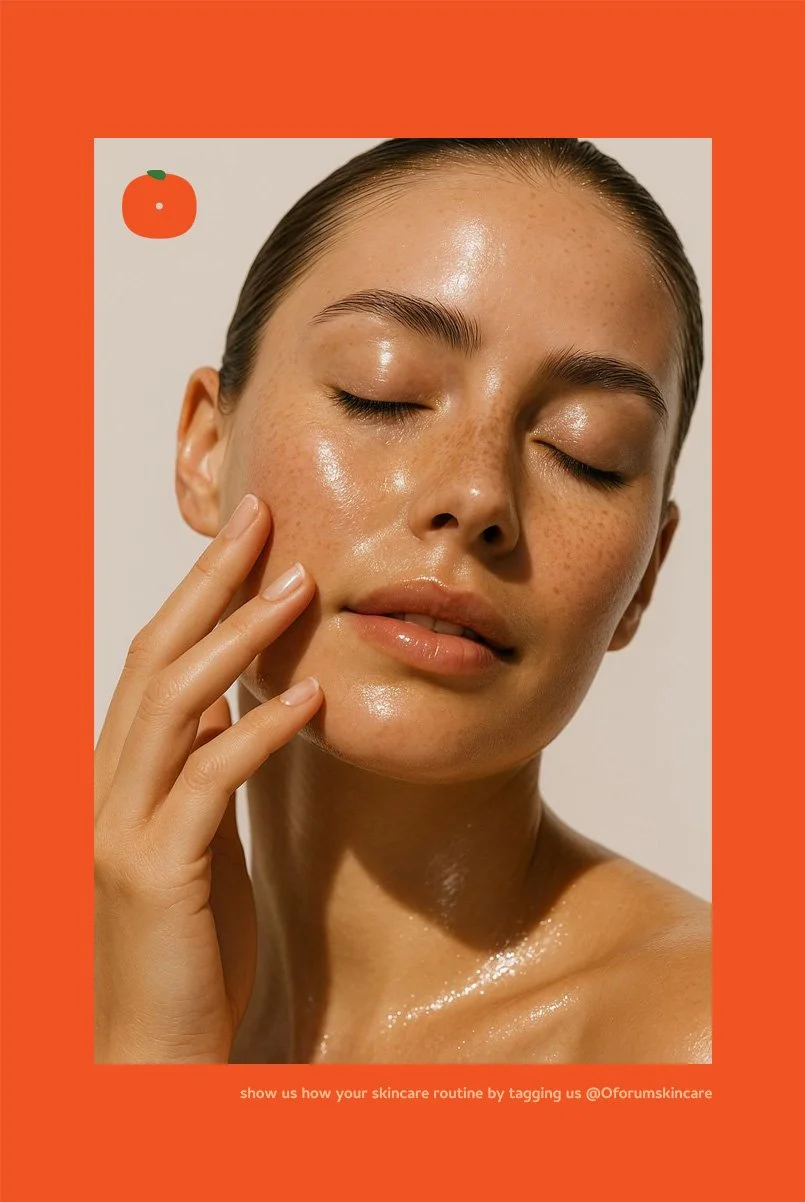 Close-up of a woman with shiny, glowing skin and her eyes closed, touching her face gently.