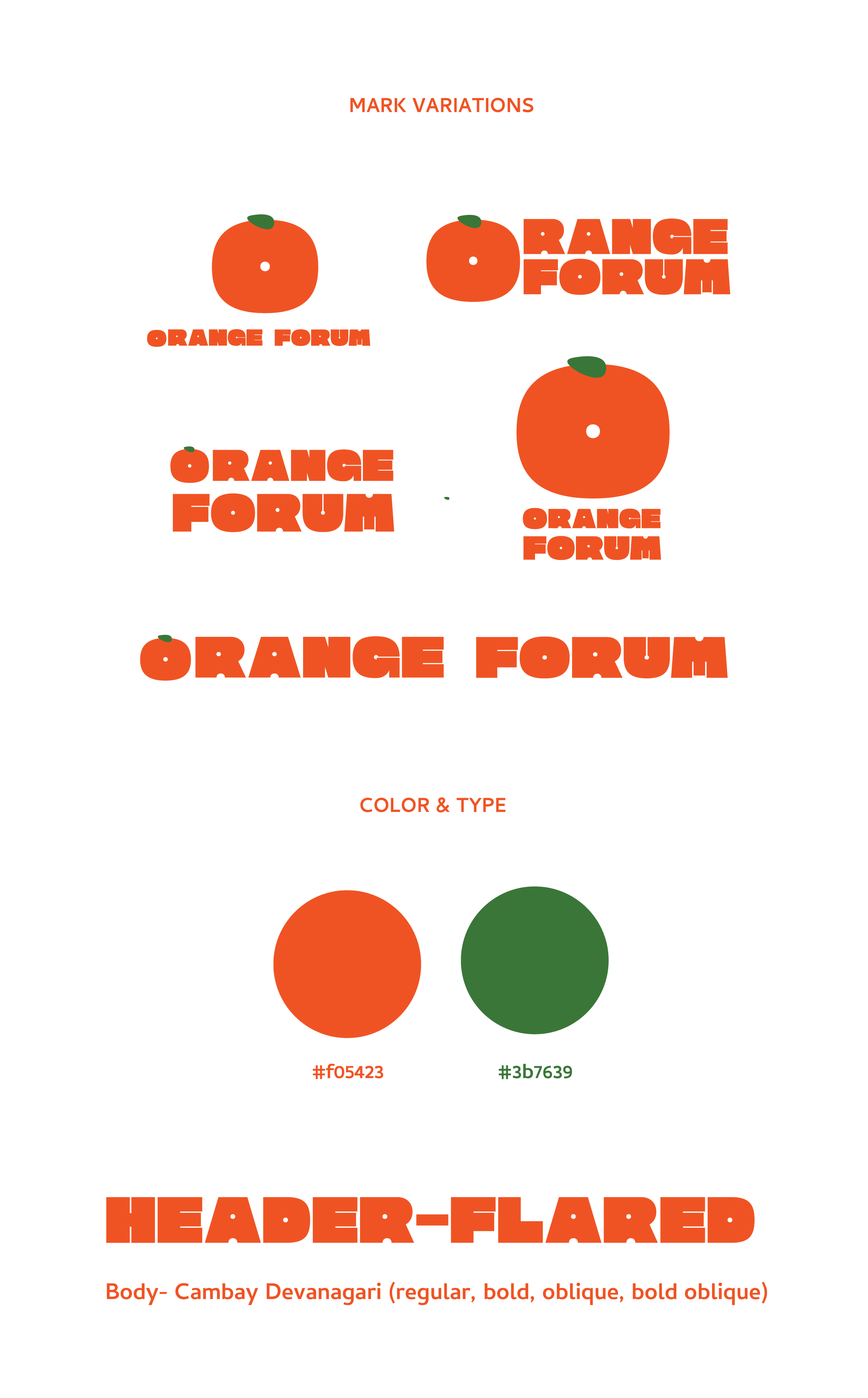 Diagram showing different variations of the orange fruit graphic with variations in size and text placement, color and type of font, and design styles like header-flared text and body text styles, with color swatches of orange (#f05423) and green (#3b7639) at the bottom.