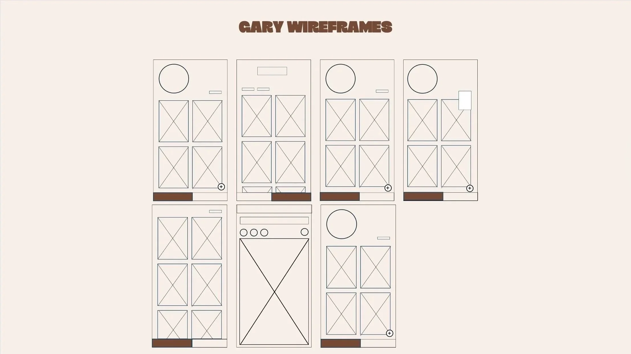 Wireframes of various webpage layouts under the title "Gary Wireframes", including placeholders for images, text, circles, and buttons.
