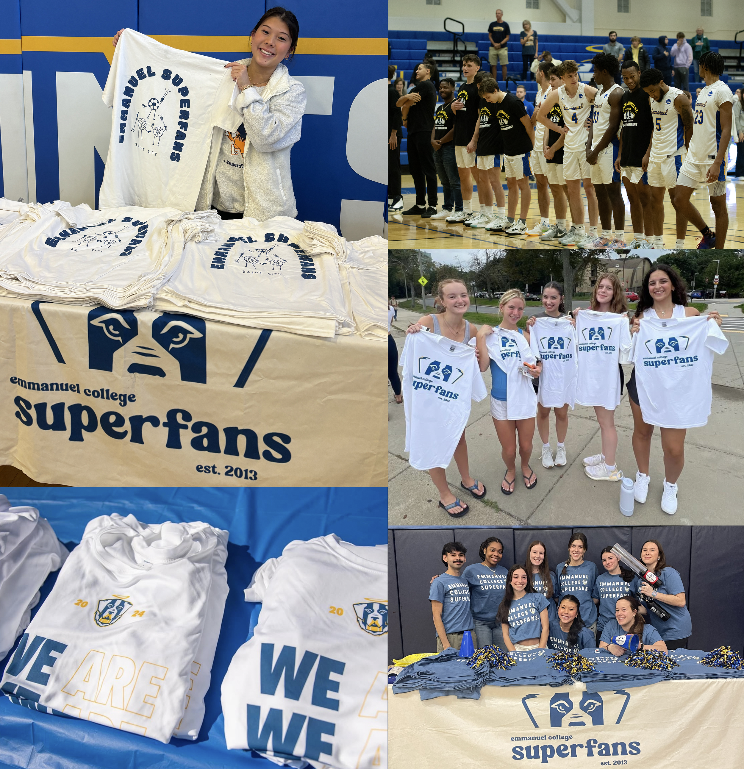 Photos of Emmanuel College Superfans: a woman holding a 'Superfans' shirt at a table with more shirts, a basketball team standing together on the court, four girls outside holding shirts, and a group of students wearing 'Superfans' shirts at a table with 'Emmanuel College Superfans' banners.