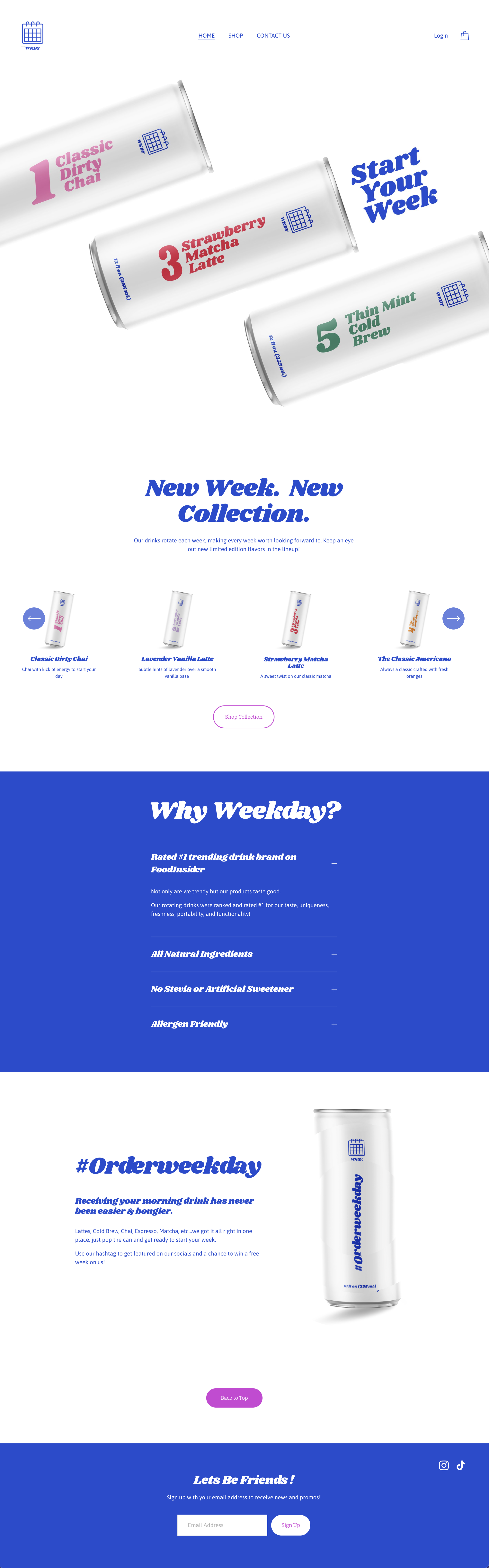 Image of beverage cans with colorful labels featuring flavors like Classic Dirty Chai, Strawberry Matcha Latte, and Thin Mint Cold Brew. The cans are part of a new collection promoting start to the week.