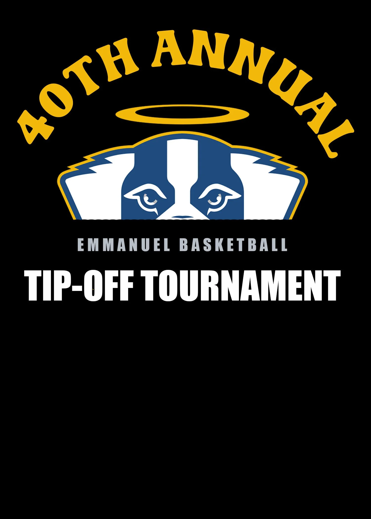 Logo for the 40th Annual Emmanuel Basketball Tip-Off Tournament featuring a stylized dog face with a halo, and text stating '40th Annual Emmanuel Basketball Tip-Off Tournament'.