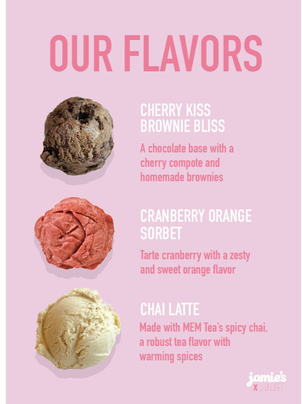 Menu showing three ice cream flavors: Cherry Kiss Brownie Bliss with a chocolate base, Cherry compote, and homemade brownies; Cranberry Orange Sorbet with tart cranberry and sweet orange flavor; and Chai Latte made with spicy chai, robust tea flavor, and warming spices.
