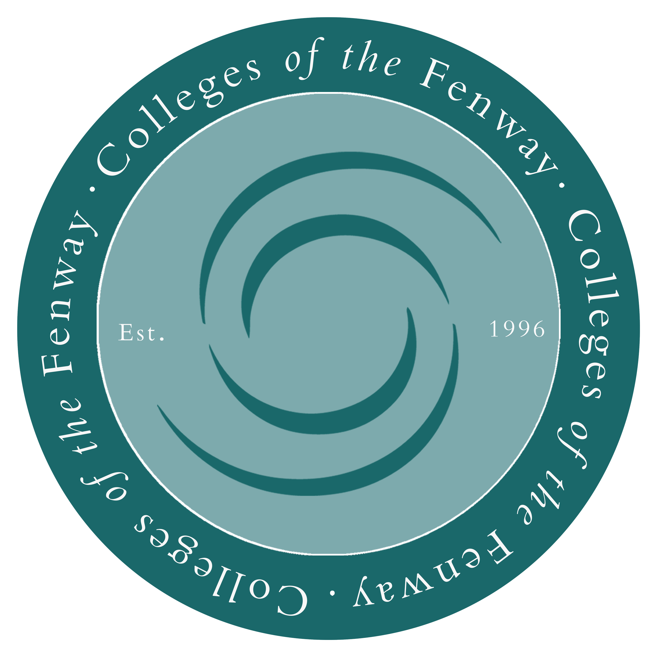 A circular logo with a teal background and white text that reads "the Fenway Colleges of the Fenway. College of the Fenway" around the outer edge. Inside the circle, white text reads "Est. 1996" with abstract teal spiral design elements in the center.