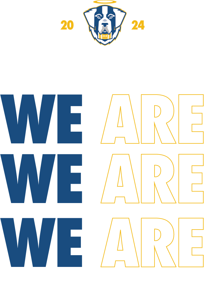A sports team logo featuring a dog's face with a halo, the year 1924, and the words 'WE ARE' repeated vertically in blue and yellow outlines.