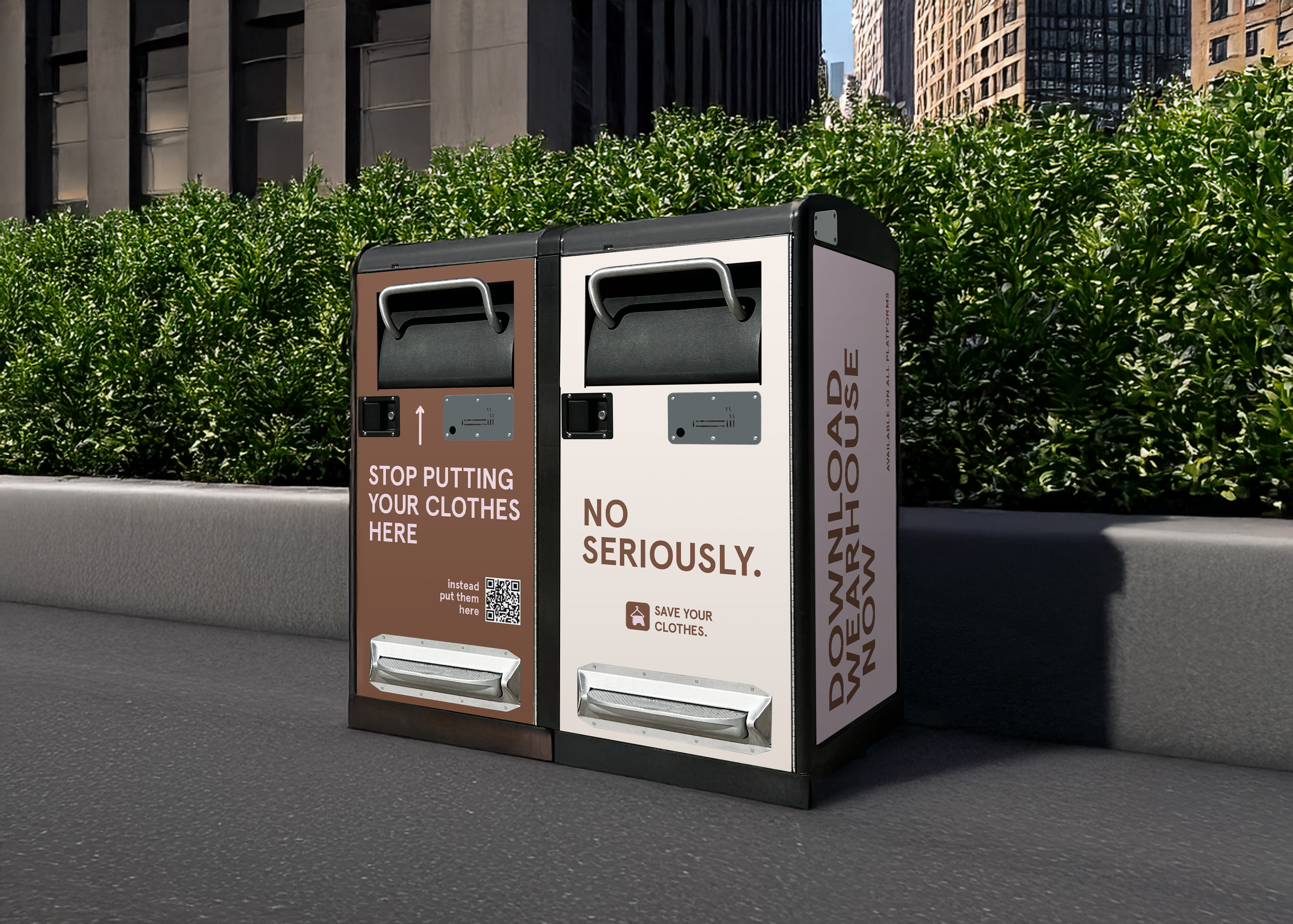 A dual trash and laundry bin in an outdoor urban setting, with signs encouraging proper clothing disposal and emphasizing environmental consciousness.