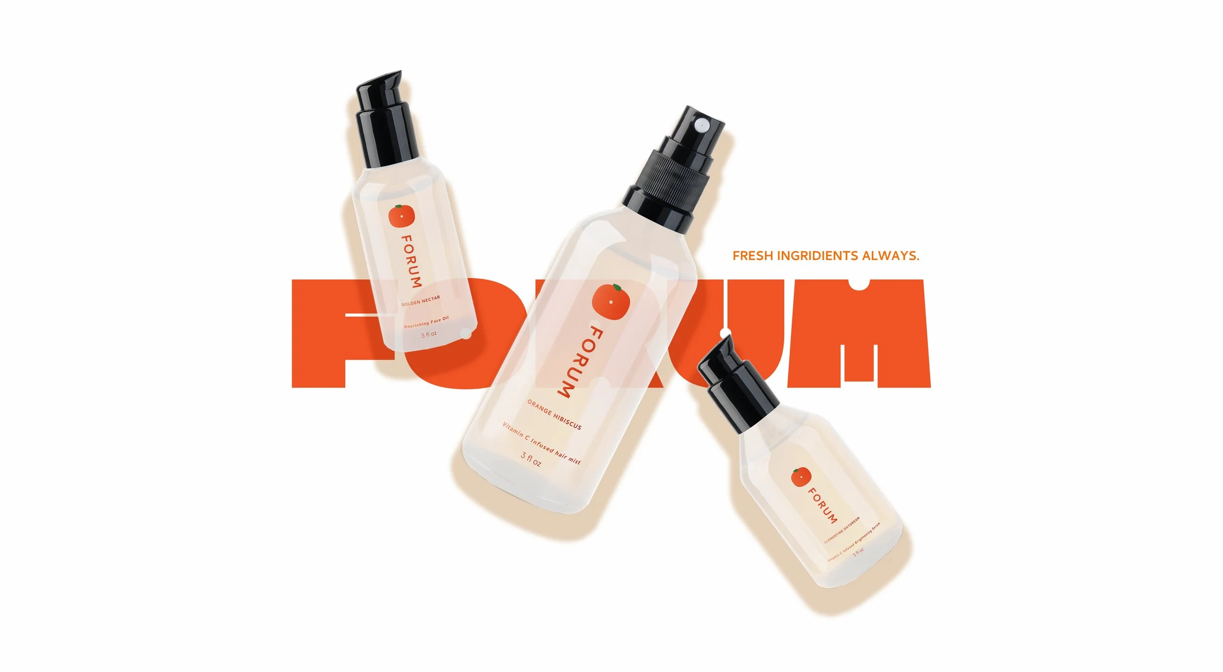 Three transparent spray bottles with black pump heads, labeled with orange and white labels containing a small orange icon and text, are placed over a background with large orange text that reads 'FOURM'. The bottles are positioned at different angles, with shadows cast on the white background. Small text on the bottles indicates they are facial mist and face oil products with natural ingredients.