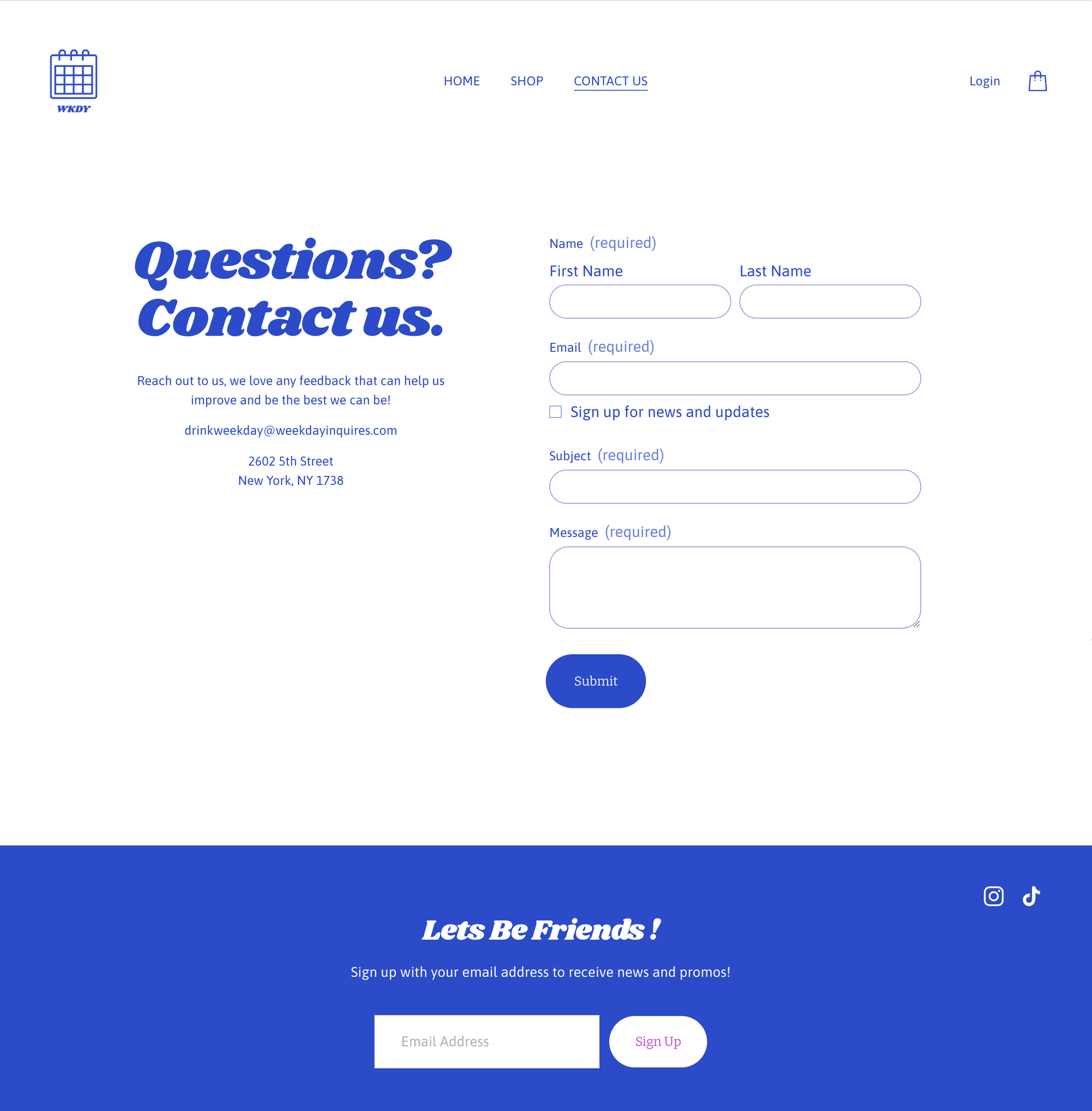 A contact page website with a form on the right, a header with navigation links at the top, and a section at the bottom for signing up for a newsletter, all in blue and white colors.