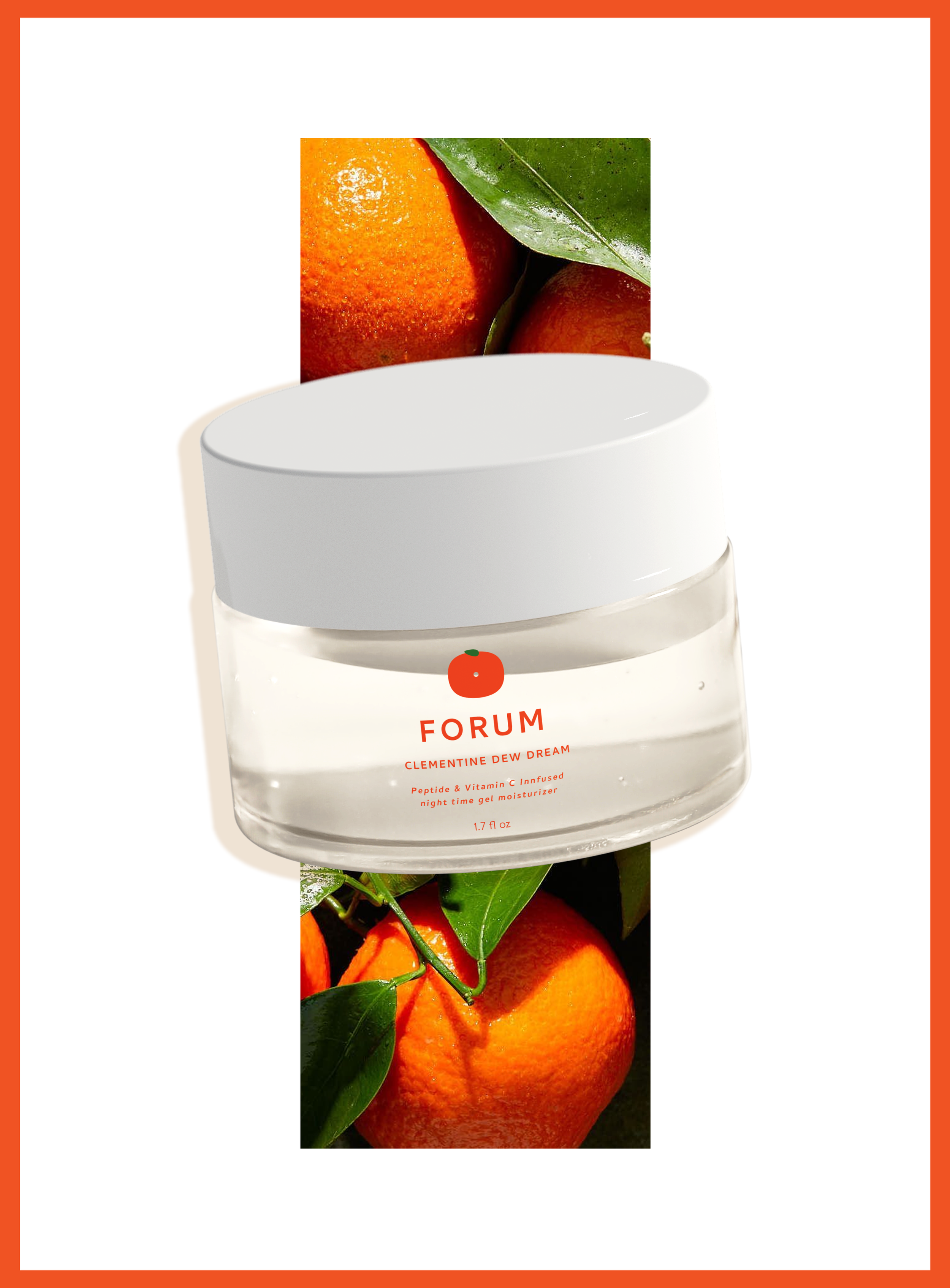 A jar of Forum Clementine Dew Dream nighttime moisturizer placed on oranges and green leaves.