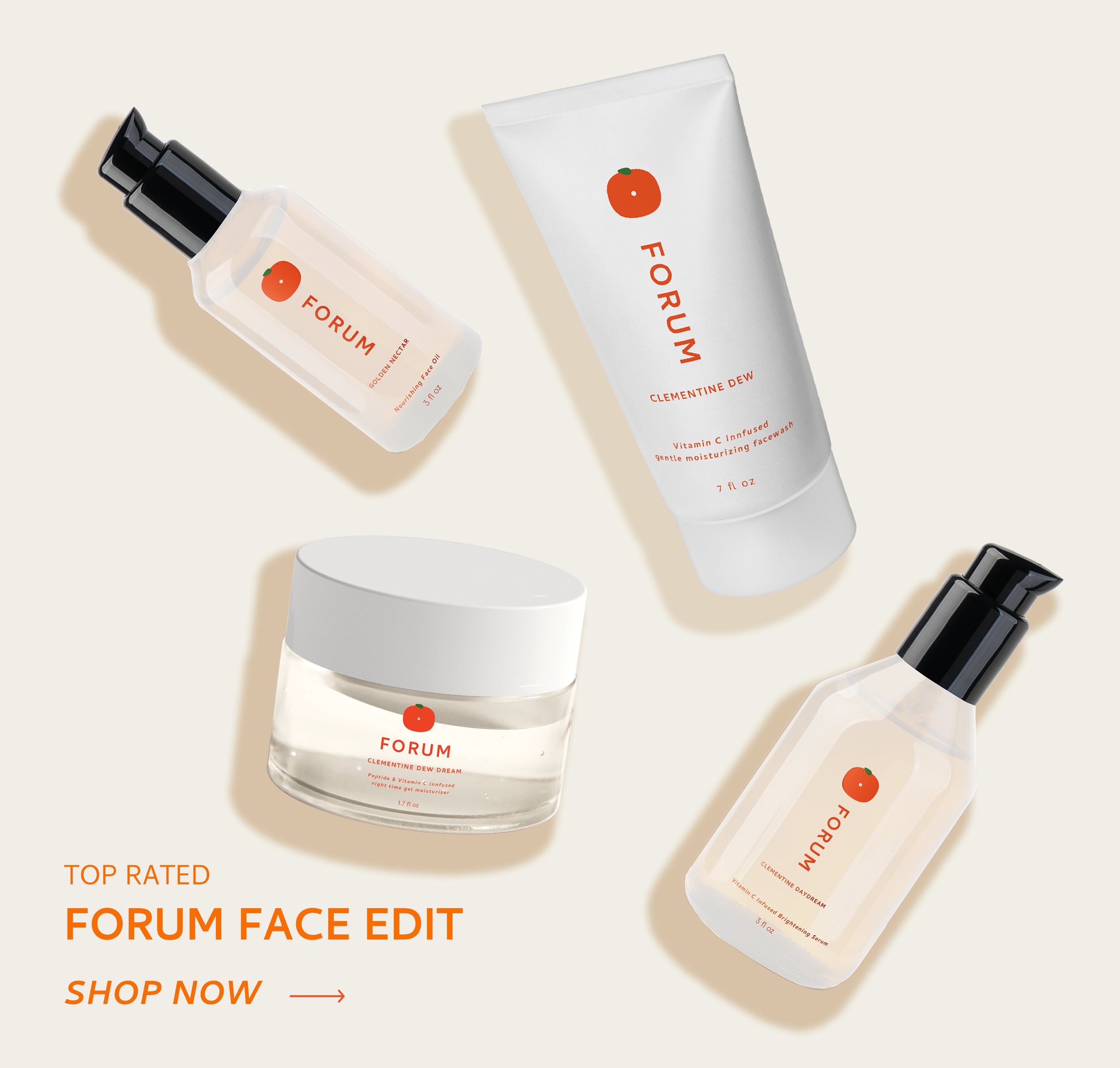 Collection of skincare products from the brand FORUM, including face serum, moisturizer, and face wash, with a minimalist design featuring a small orange fruit logo and orange text on white containers against a light background.