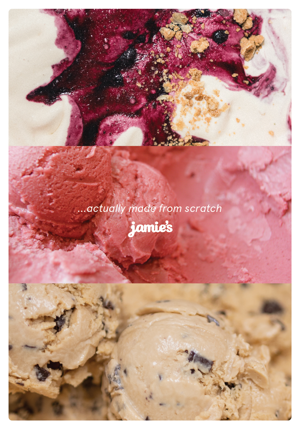 Close-up of three different types of ice cream flavors in a vertical layout, featuring a berry swirl, pink strawberry, and cookies with chocolate pieces, with text overlay on the middle section promoting Jamie's ice cream.