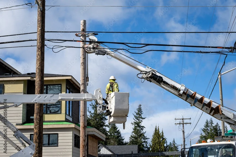 A utility worker in a bucket lift working on power lines on a wooden utility pole.