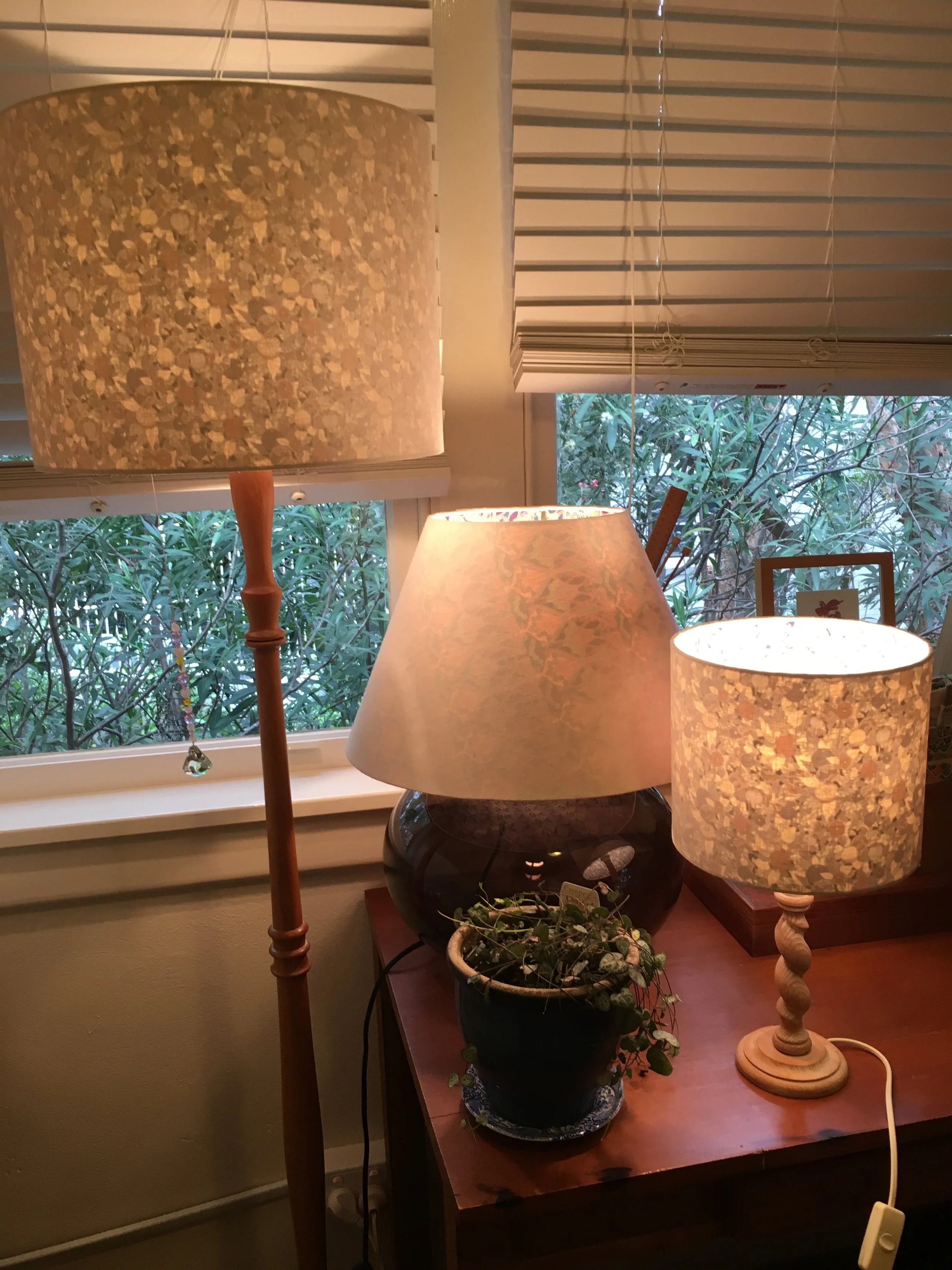 Upcycled lamp shades made from foraged lampshade frames, french linen and liberty fabric