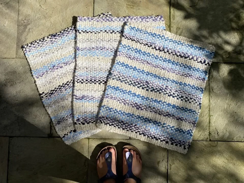 Finished loom rag rugs made from clothing and bedding found in my home during the Covid Pandemic