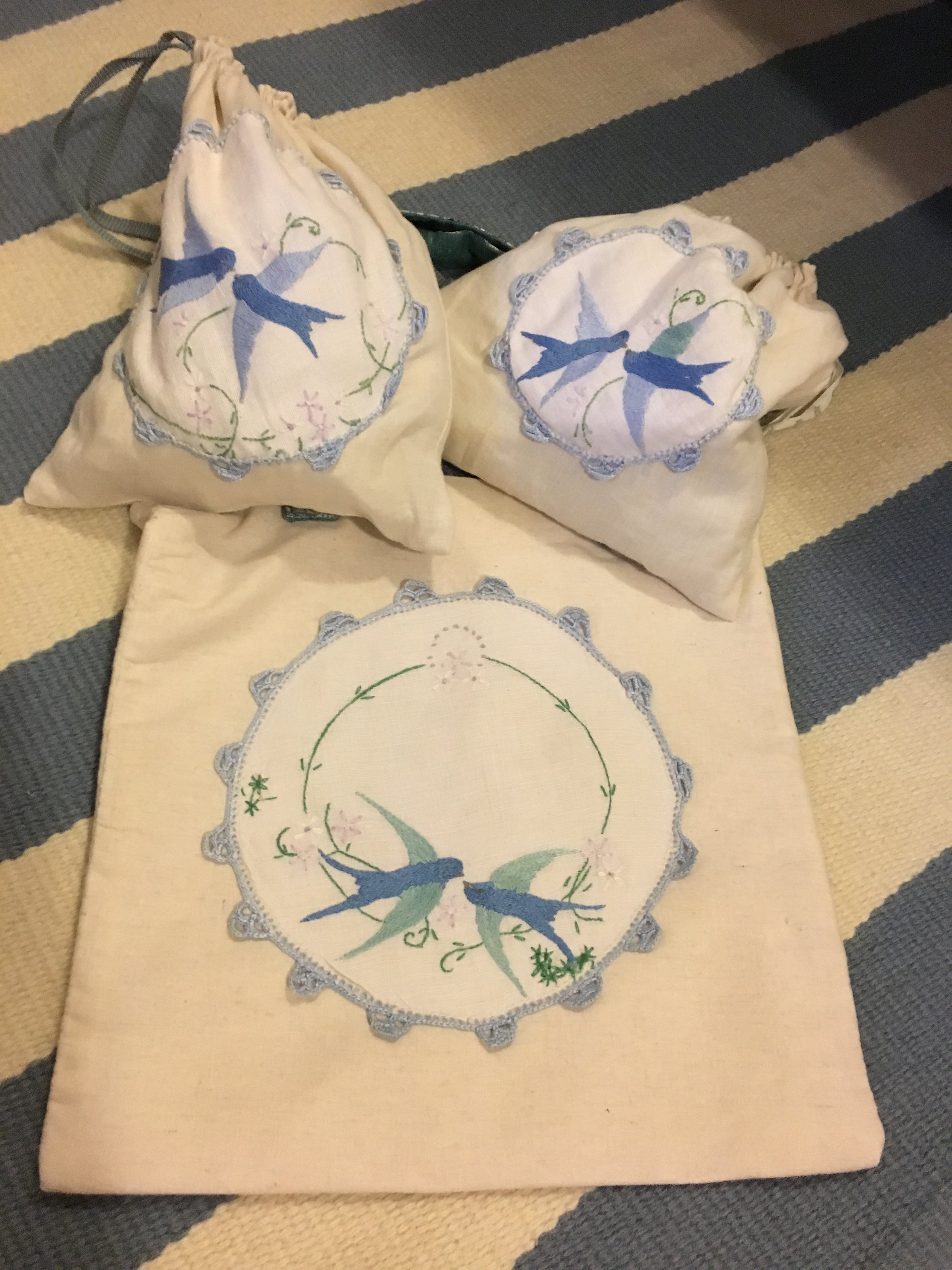 Vintage embroidered doily bags made from locally foraged doilies and French linen