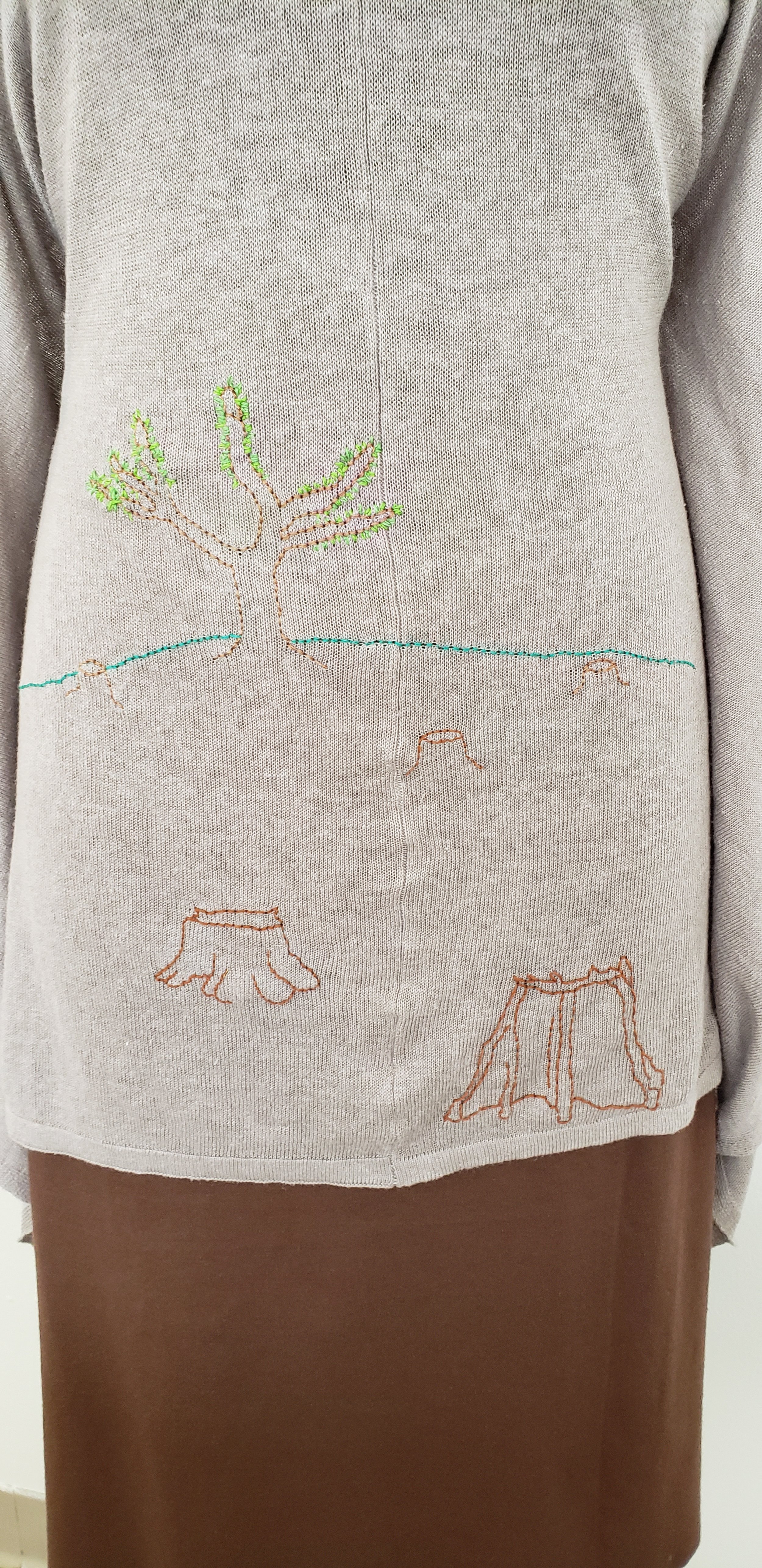 "Deforestation" Close up
Embroidery (Thread and Needle) on V-Neck Scarf
14x14 inches (2019)