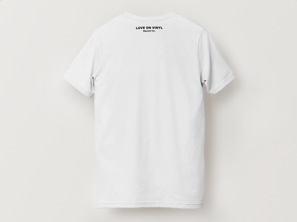 Back of White T Shirt with Love On Vinyl Record Company in Small Font Near the Top of T-shirt Neck