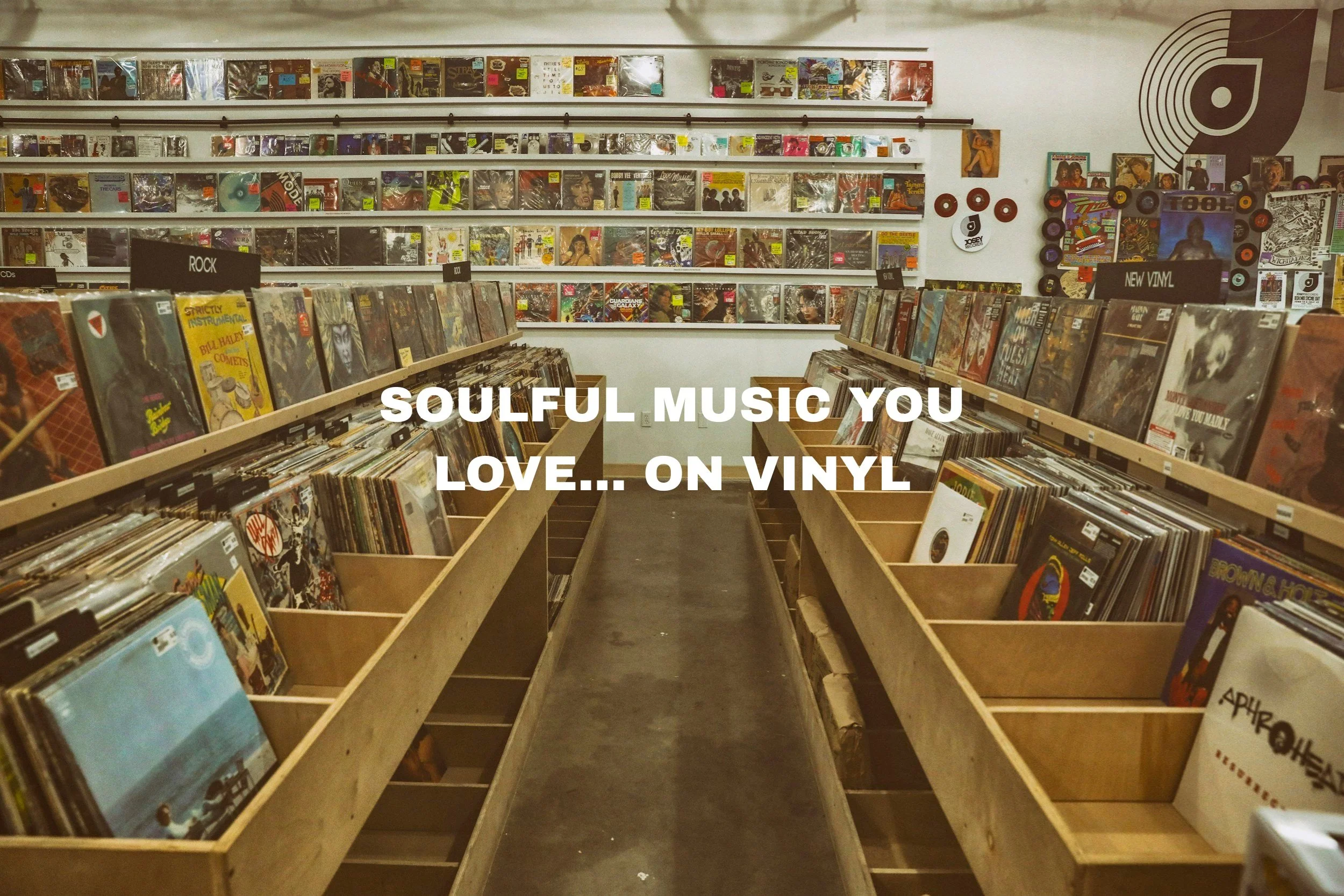 Aisle of a vinyl record store with two rows of bins filled with vinyl records on each side and wall of vinyl records at the end of the aisle