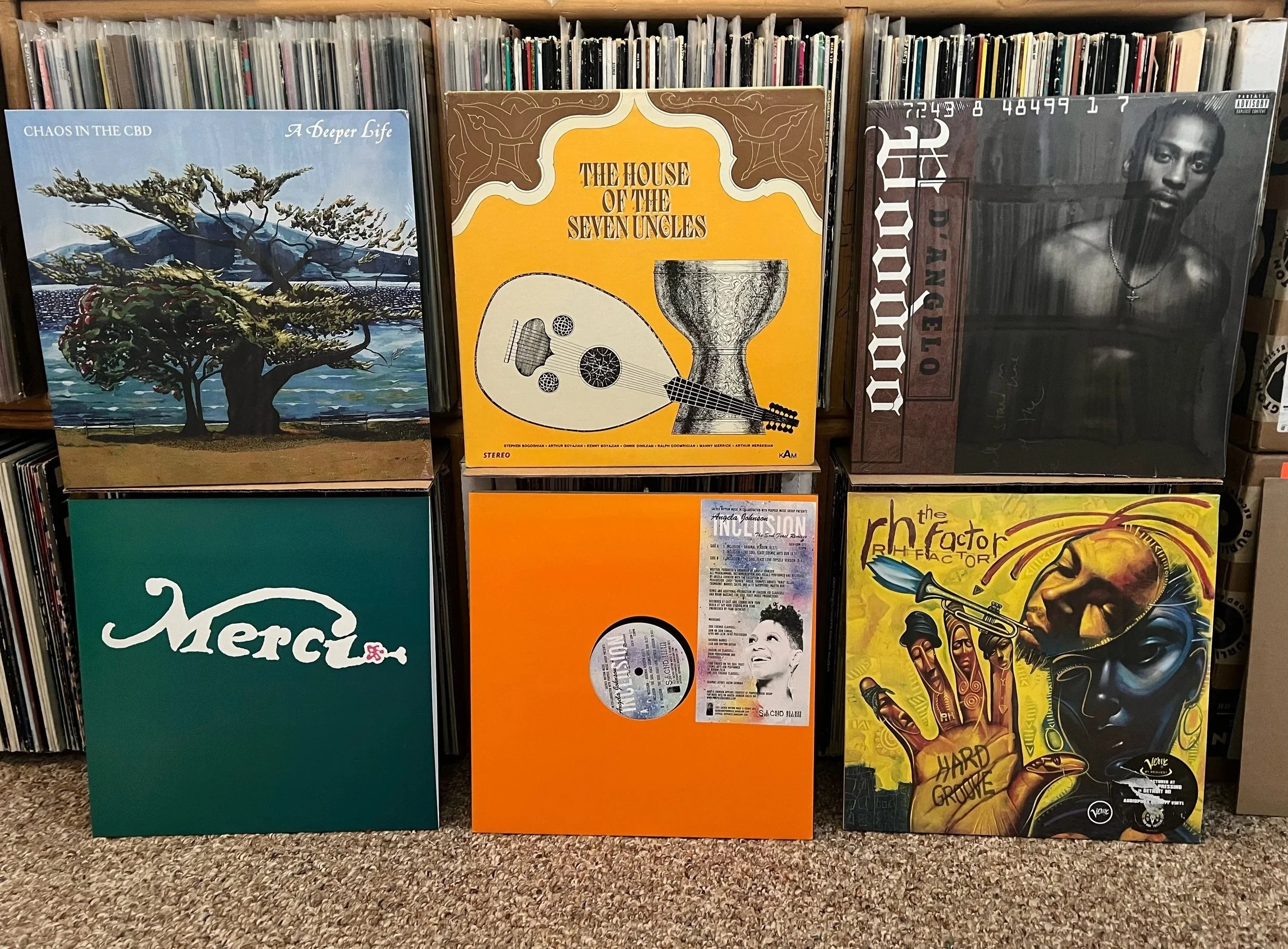 Six vinyl record covers displayed in front of a wall of vinyl records