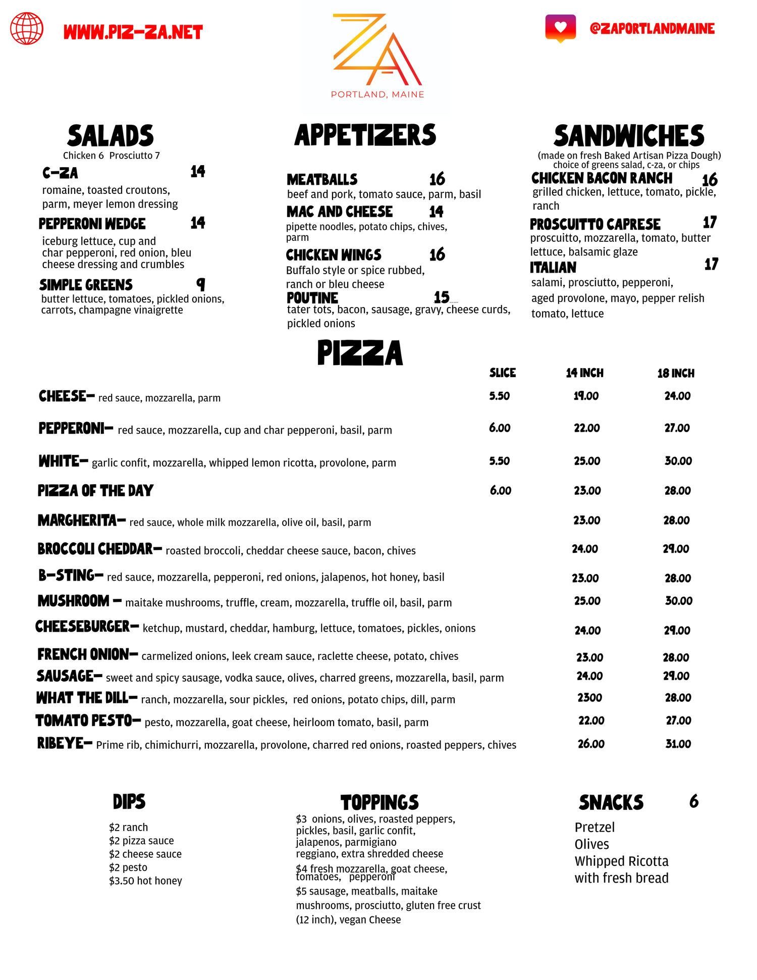 Za's Menu — Za