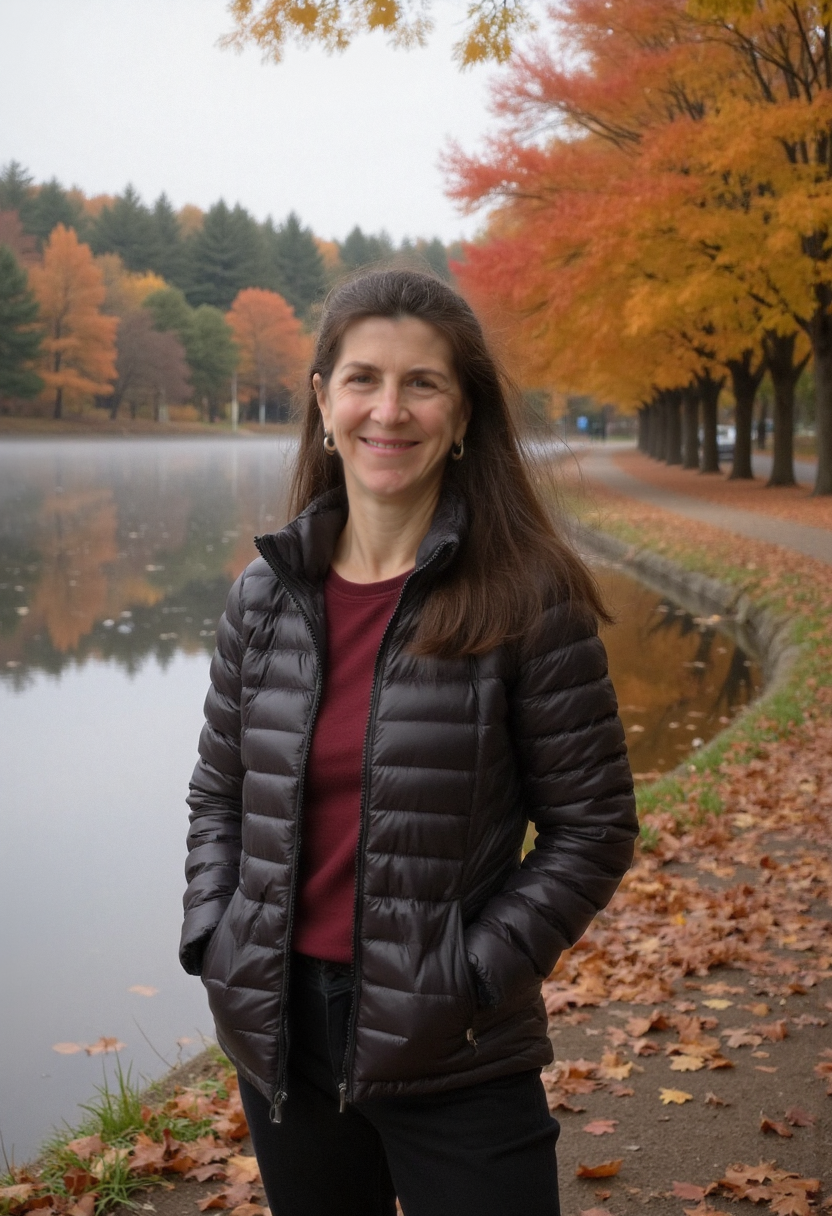 A woman with long brown hair smiling, wearing a black puffer jacket and a burgundy top, standing on a leaf-covered pathway beside a calm lake with trees displaying fall foliage in the background.