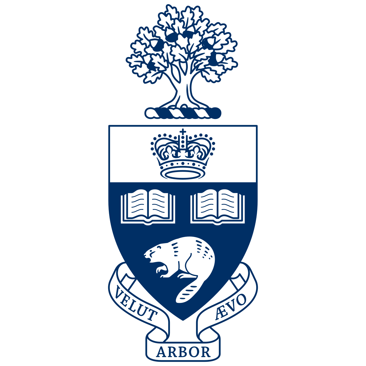 University of Toronto crest featuring a tree, a crown, open books, a panther, and the Latin motto 'VELUT ARBOR'.