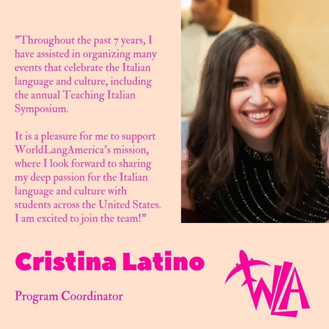 🌟 Exciting News! 🌟
We&rsquo;re thrilled to welcome Cristina Latino as our new Program Coordinator at WorldLangAmerica!

Cristina holds an MBA and a B.A. in Language, Business &amp; Culture (Italian concentration) from Montclair State University. Sh