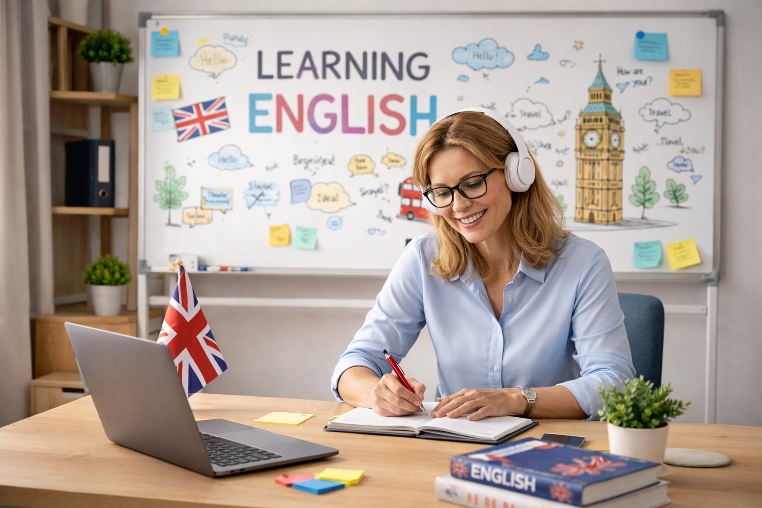 A woman in glasses with headphones is sitting at a desk in a classroom, smiling while writing in a notebook. The desk has a laptop with a British flag, colorful sticky notes, and English books. Behind her, a whiteboard displays 'Learning English' with doodles of Big Ben, a red double-decker bus, clouds, trees, and Post-it notes.