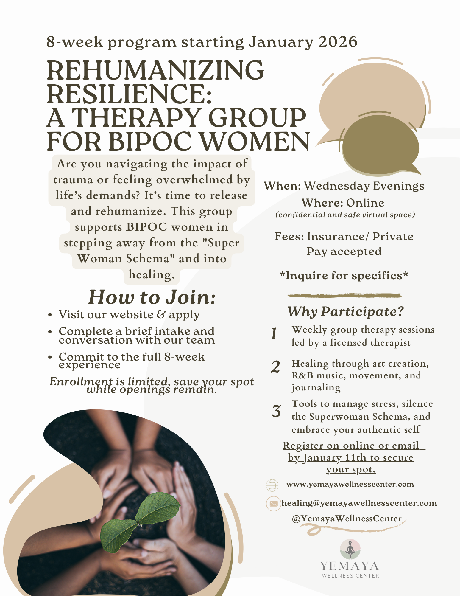 Flyer for an 8-week online therapy group for BIPOC women, starting January 2026, focused on healing and resilience. Includes program details, participation benefits, and contact information.
