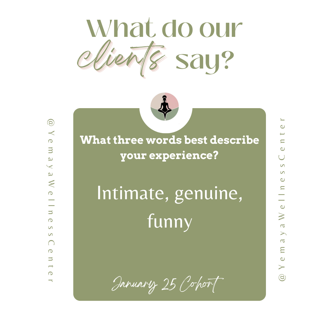 A graphic design poster with the title 'What do our clients say?' and a question, 'What three words best describe your experience?' The response on the poster is 'Intimate, genuine, funny,' and it is dated 'January 25 Cohort.' The design features a s