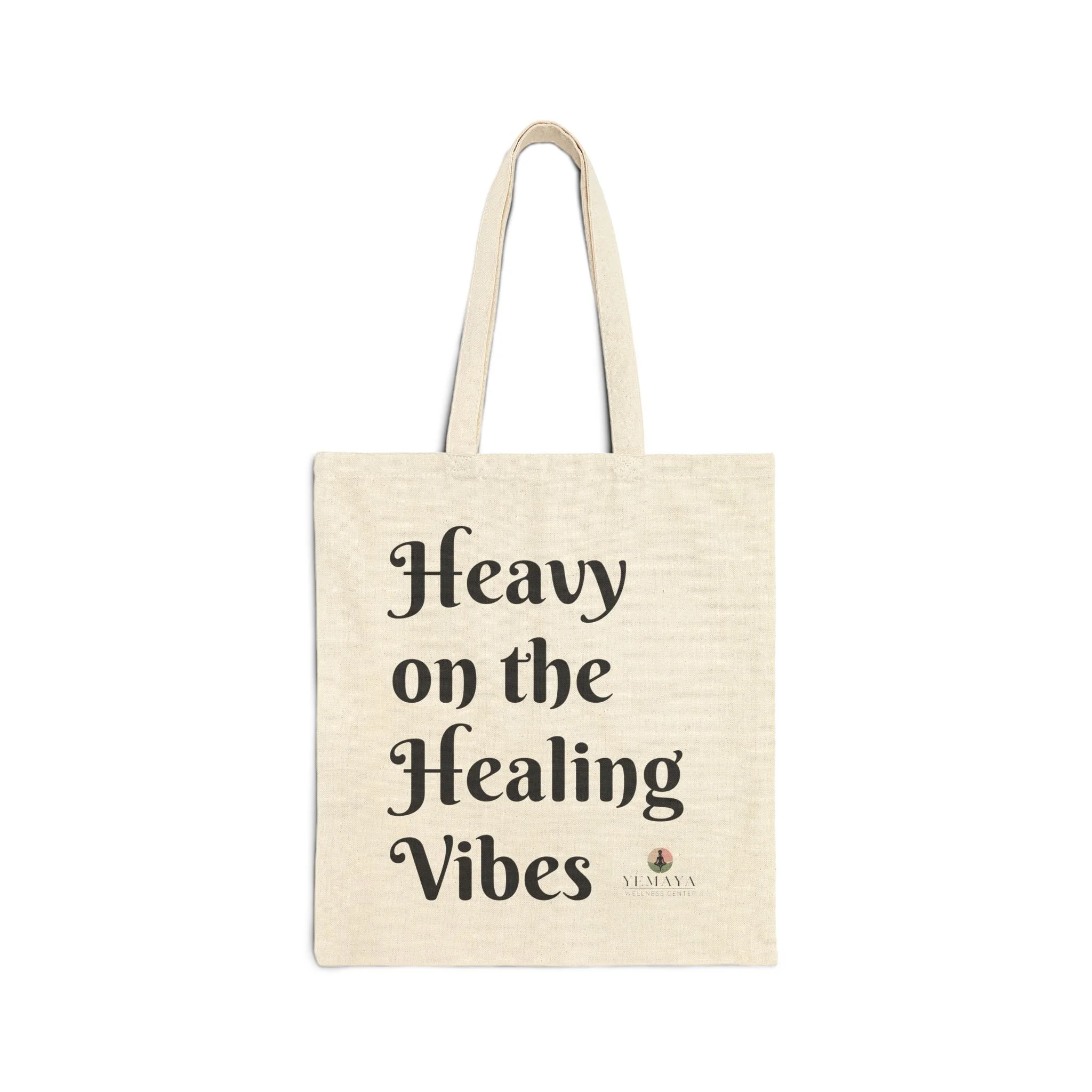 Healing Vibes Tote Bag displayed on a neutral background highlighting its sturdy canvas material, minimalist typography, and versatile design.