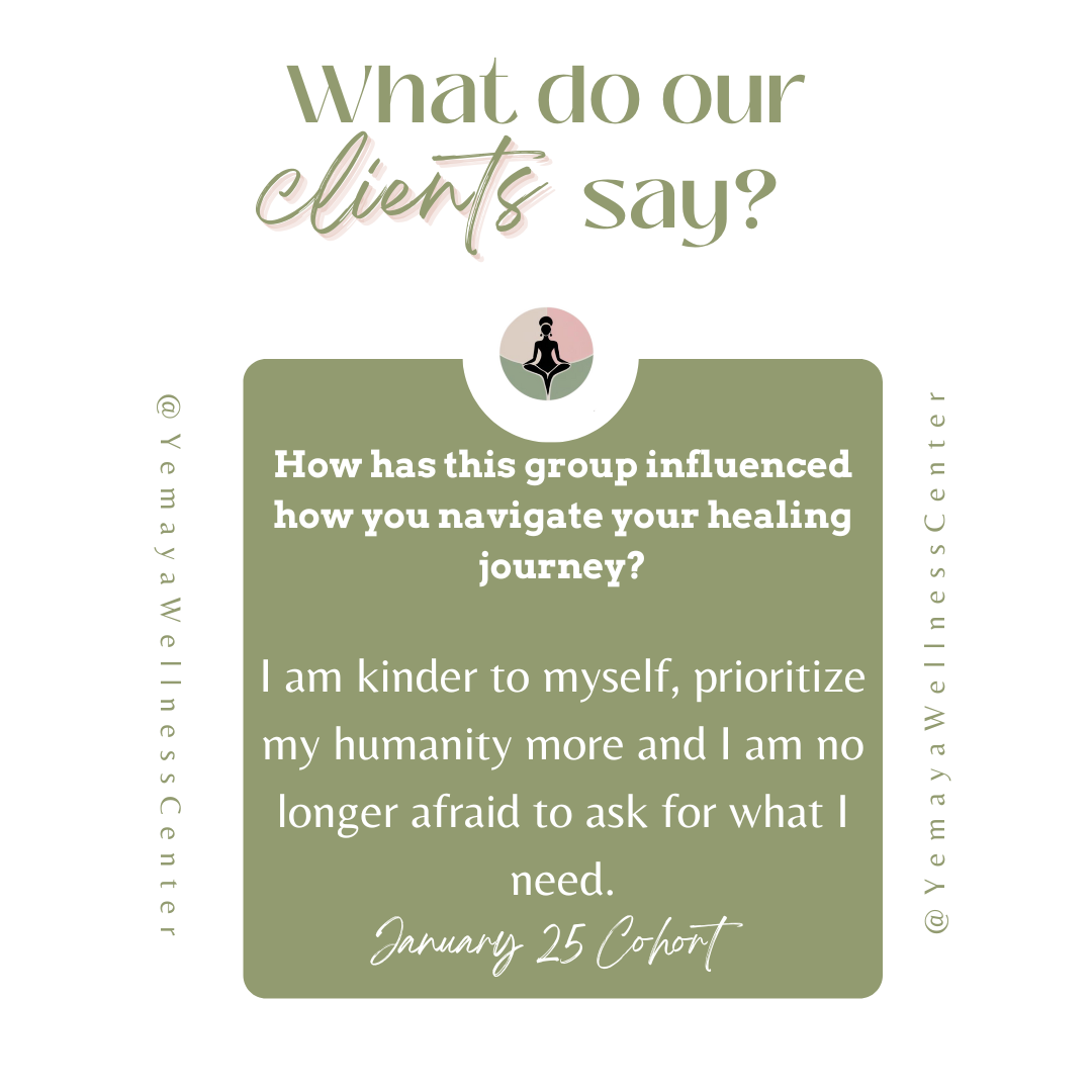 A graphic with the question, 'What do our clients say?' and a quote from the January 25 Cohort stating, 'I am kinder to myself, prioritize my humanity more and I am no longer afraid to ask for what I need.' The graphic is designed with green, pink, a