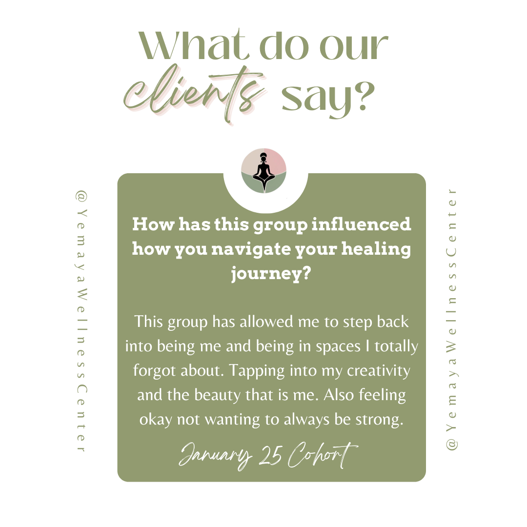 Graphic with the question, 'What do our clients say?' and a testimonial from the January 25 Cohort, discussing the influence of a support group on their healing journey, surrounded by green and pink tones and a wellness-themed icon.
