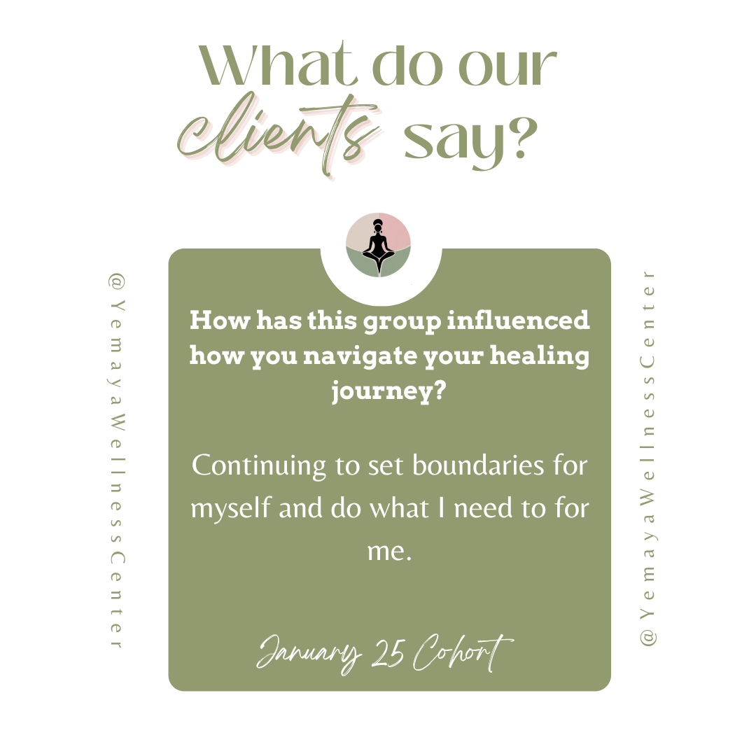 A graphic with text asking, 'What do our clients say?', followed by a quote about setting boundaries during a healing journey, credited to the January 25 Cohort. The design features soft green, beige, and white colors, with a small yoga pose icon at 