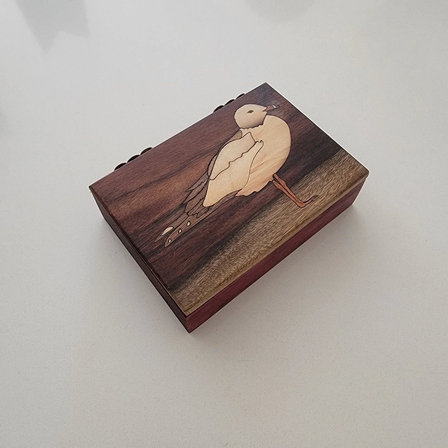 Custom Ring box for a good friend's wedding. purpleheart base with a rose wood lid. Magnetic clasp to hold it together