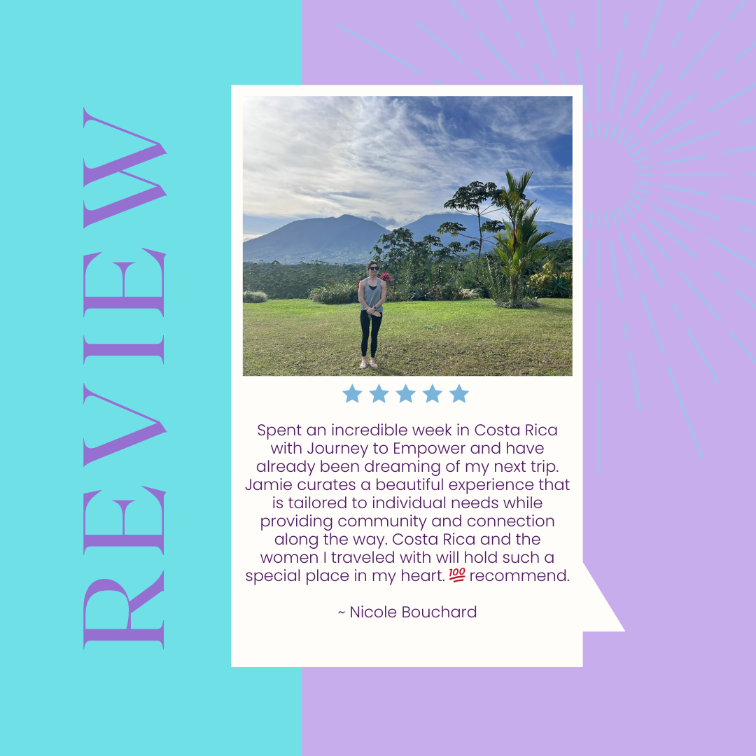 A woman standing on a grassy area with mountains, trees, and a partly cloudy sky in Costa Rica in the background.