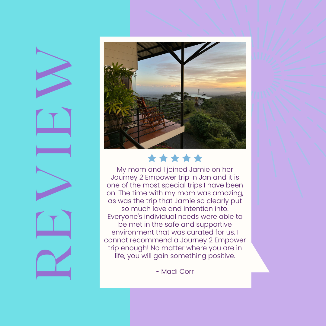 A balcony with a view of a sunset over a green landscape, with chairs and plants on the balcony. A testimonial about a trip to Journey 2 Empower is overlaid on a colorful background with the word 'REVIEW' written vertically.