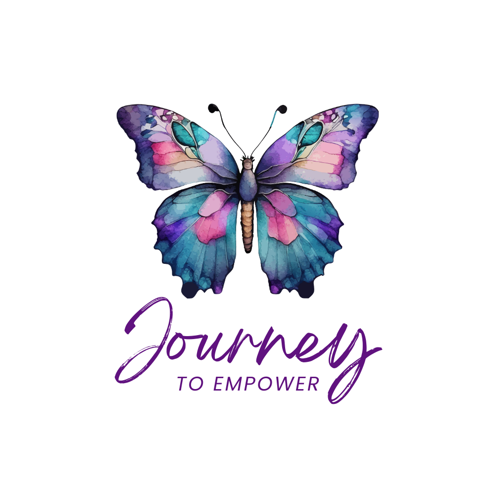 Colorful watercolor butterfly with purple text reading "Journey to Empower" underneath.