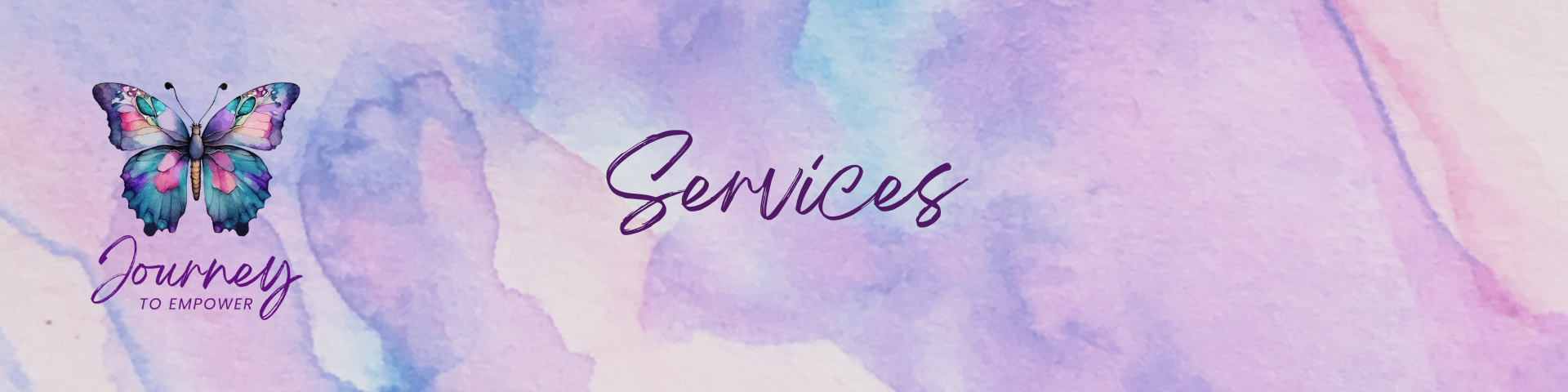 A watercolor background with a purple butterfly and the words 'Journey Services' written in cursive, with the phrase 'Journey to Empower' below the butterfly.
