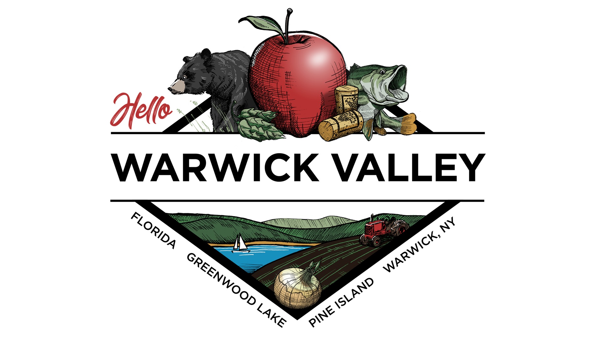 Illustration featuring a bear, apple, fish, barrel, hops, and corks with text 'Hello Warwick Valley' above a landscape with a tractor, sailboat, and onion. Includes words 'Florida, Greenwood Lake, Pine Island, Warwick, NY.'