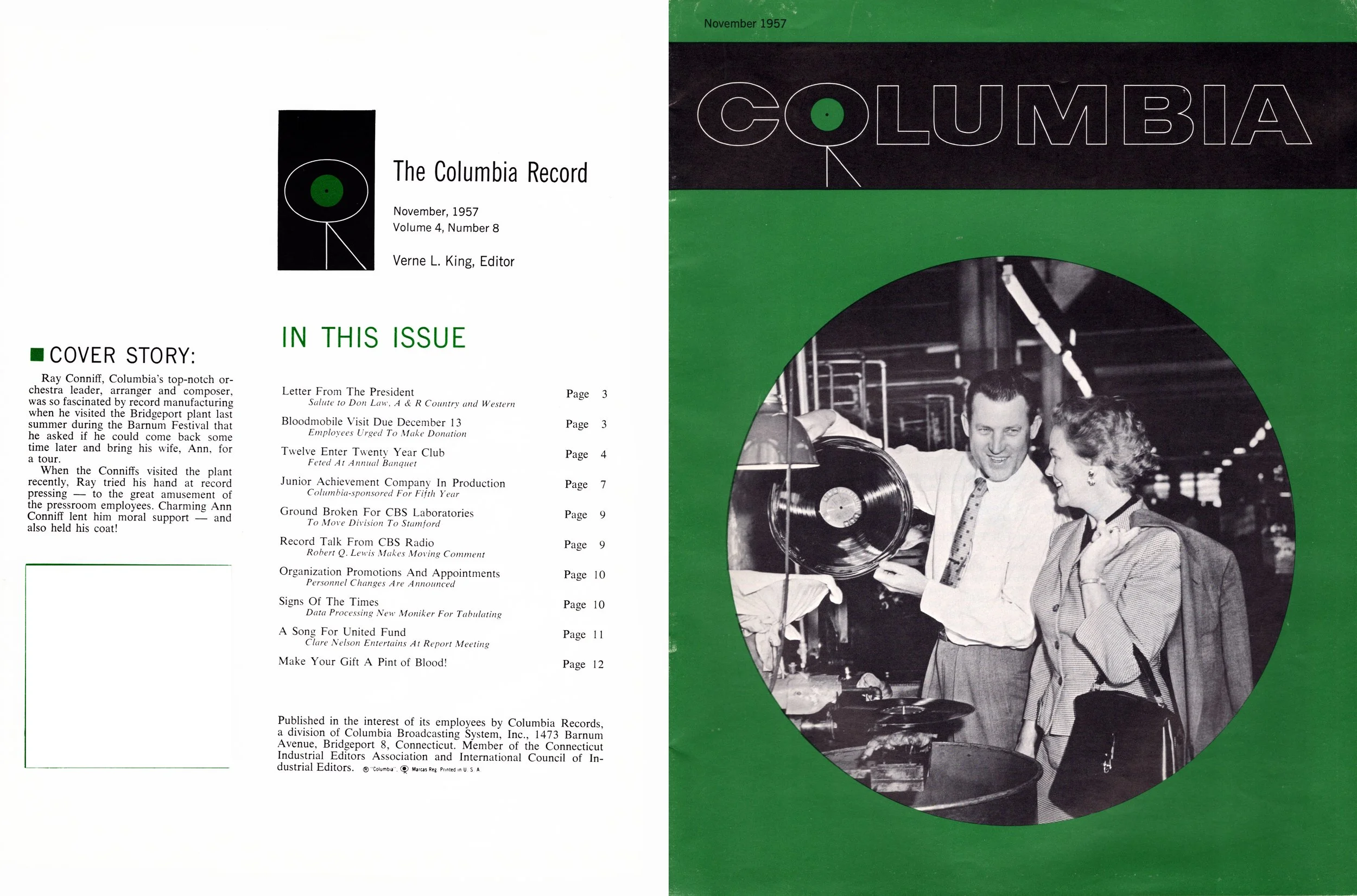 The cover of the November 1957 issue of Columbia, showing a man and woman smiling at a record player, with a black background and green accents, and a side menu listing the contents of the issue.