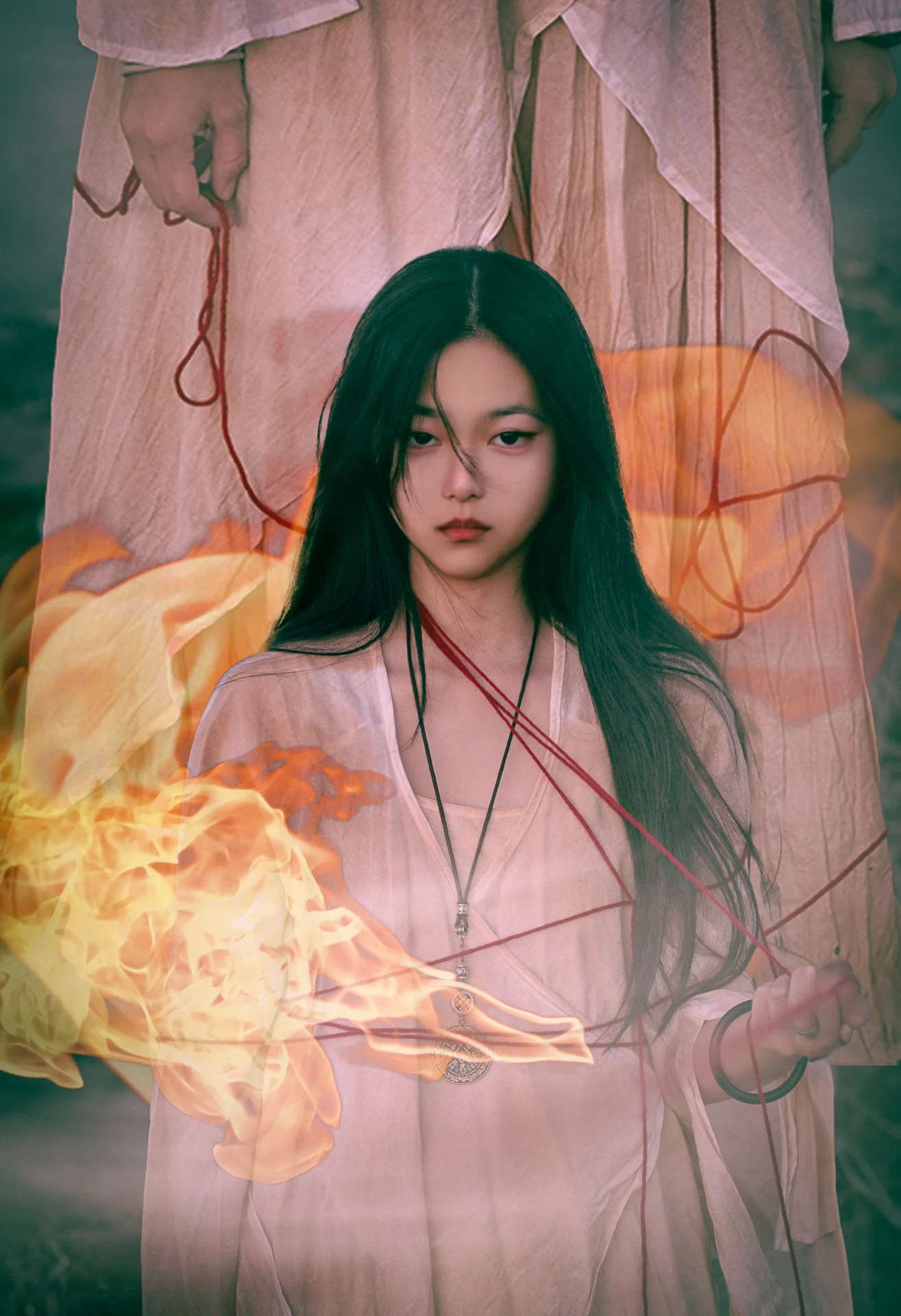 A young woman with long black hair holding a lit flare, with ghostly shadows of a figure above her, set against a natural outdoors background.