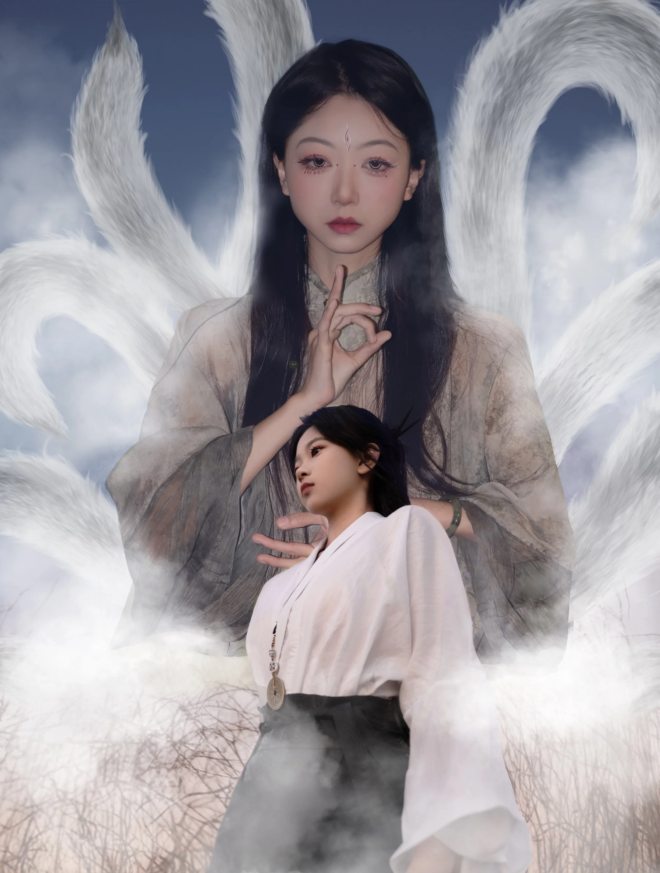 A fantasy scene featuring two women, one larger and in the background with angelic white wings, and one smaller in the foreground, both dressed in traditional clothing. The background is cloudy with mist, and there are bare trees at the bottom.