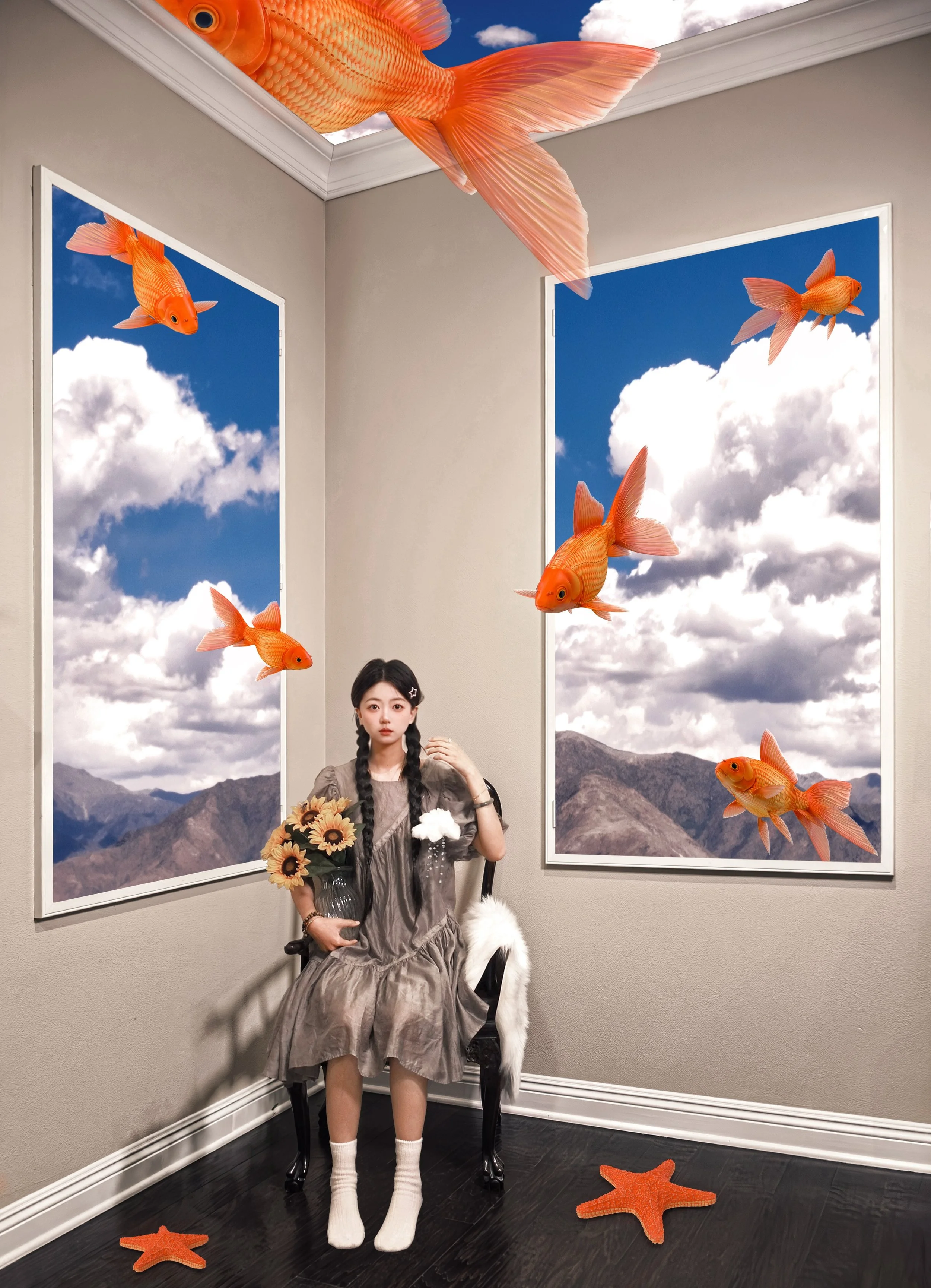 A young girl with braided hair sitting on a black chair in a room decorated with large fish and ocean-themed decorations. There are orange fish hanging from the ceiling, floor, and in the picture windows. The windows show a cloudy sky and mountains o