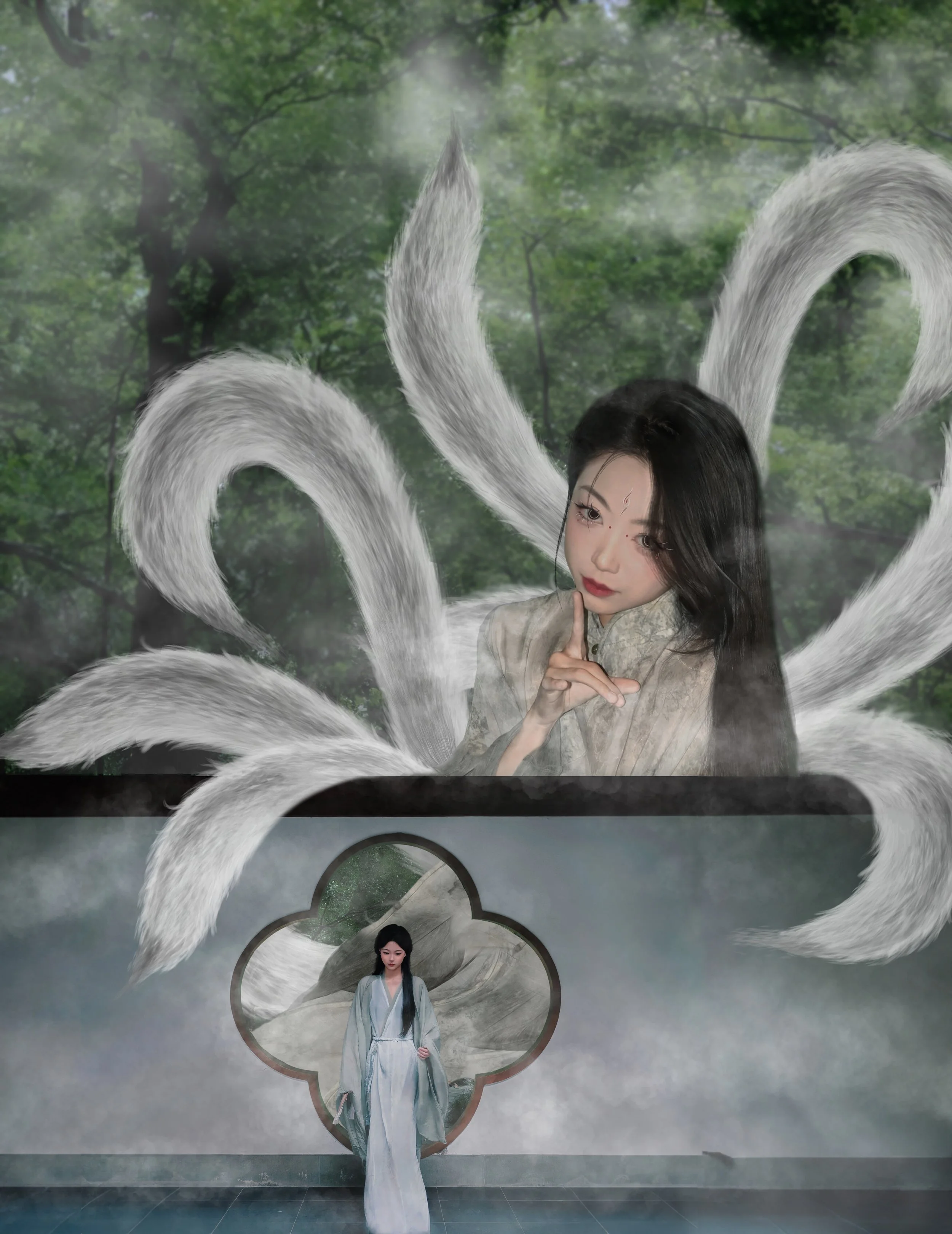 A woman dressed in traditional Asian attire standing in front of a modern and artistic backdrop with cloud-like designs and scenery, blending nature and art.