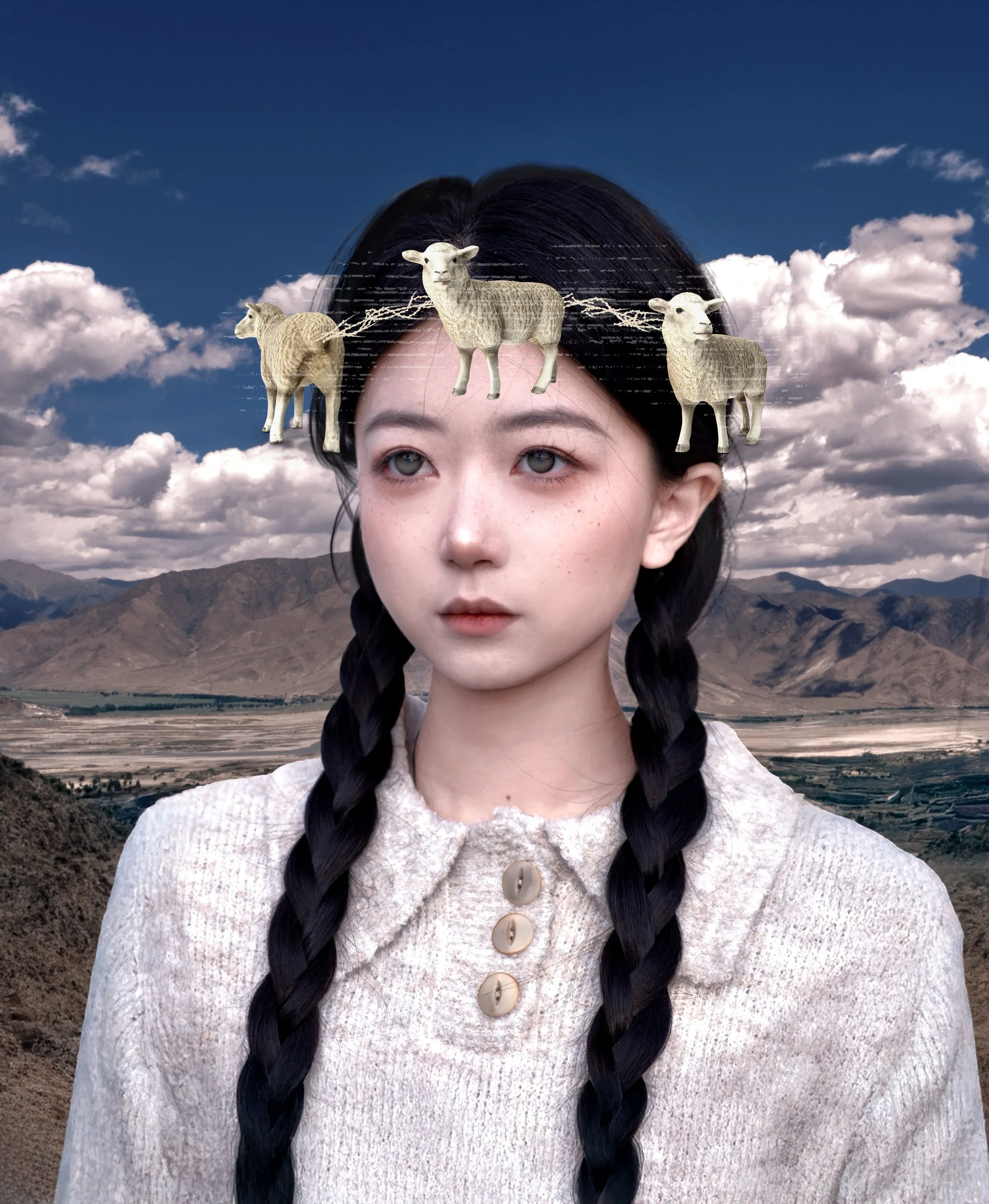 A young woman with long black braids and pale skin, outdoors with mountains and cloudy sky in the background. There are three floating sheep graphic above her head.